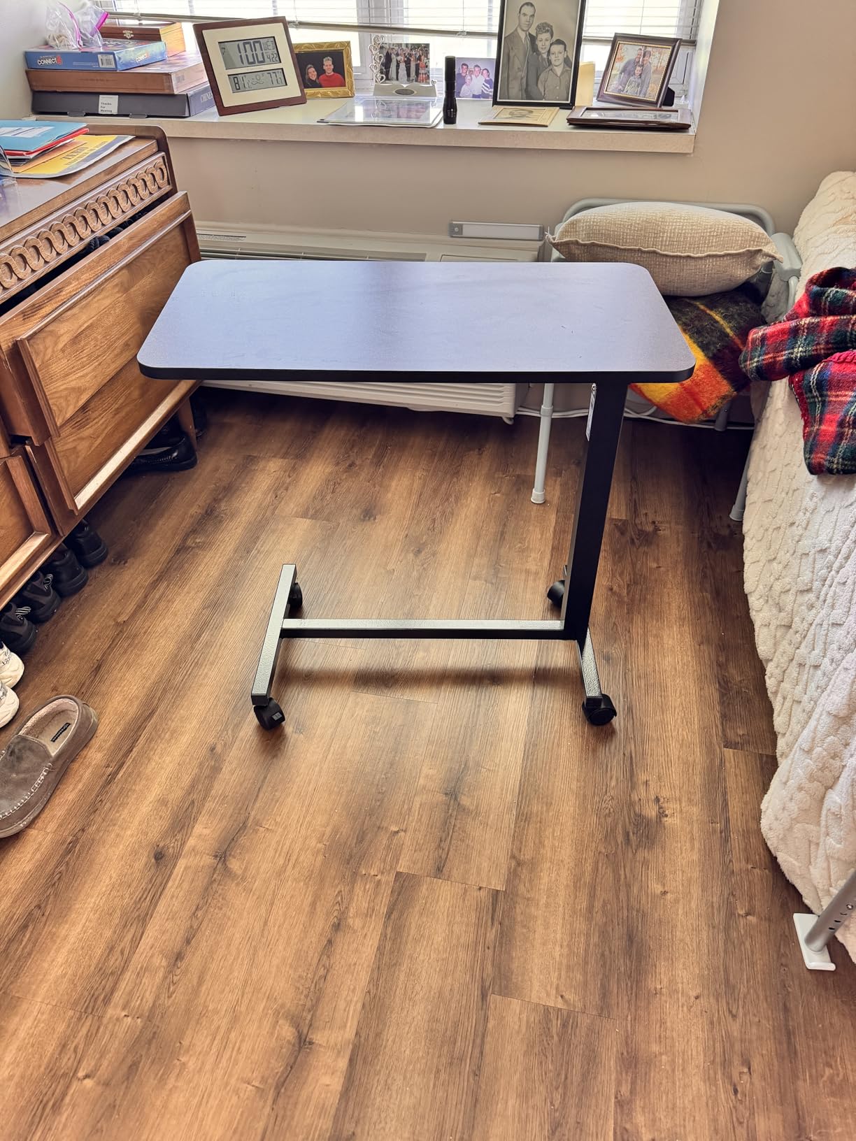 Drive Medical Overbed Table with Wheels - Secure Height Adjustment for Comfort - Non Tilt Surface - Smooth Rolling Design - Home & Hospital Use - Woodgrain Laminate Top - Silver Vein customer photo 2