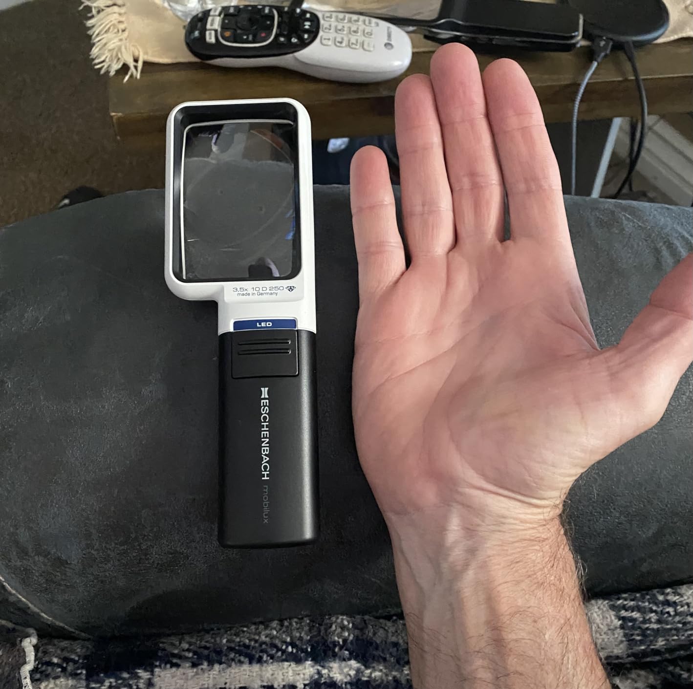 Eschenbach Mobilux Hand-held Magnifying Glass - LED Illuminated Magnifier, Removable Lens Cover & Eyelet for optional Neck Lanyard, 2 AA Batteries Included - 35mm, 12.5x/50 Diopter Magnification customer photo 1