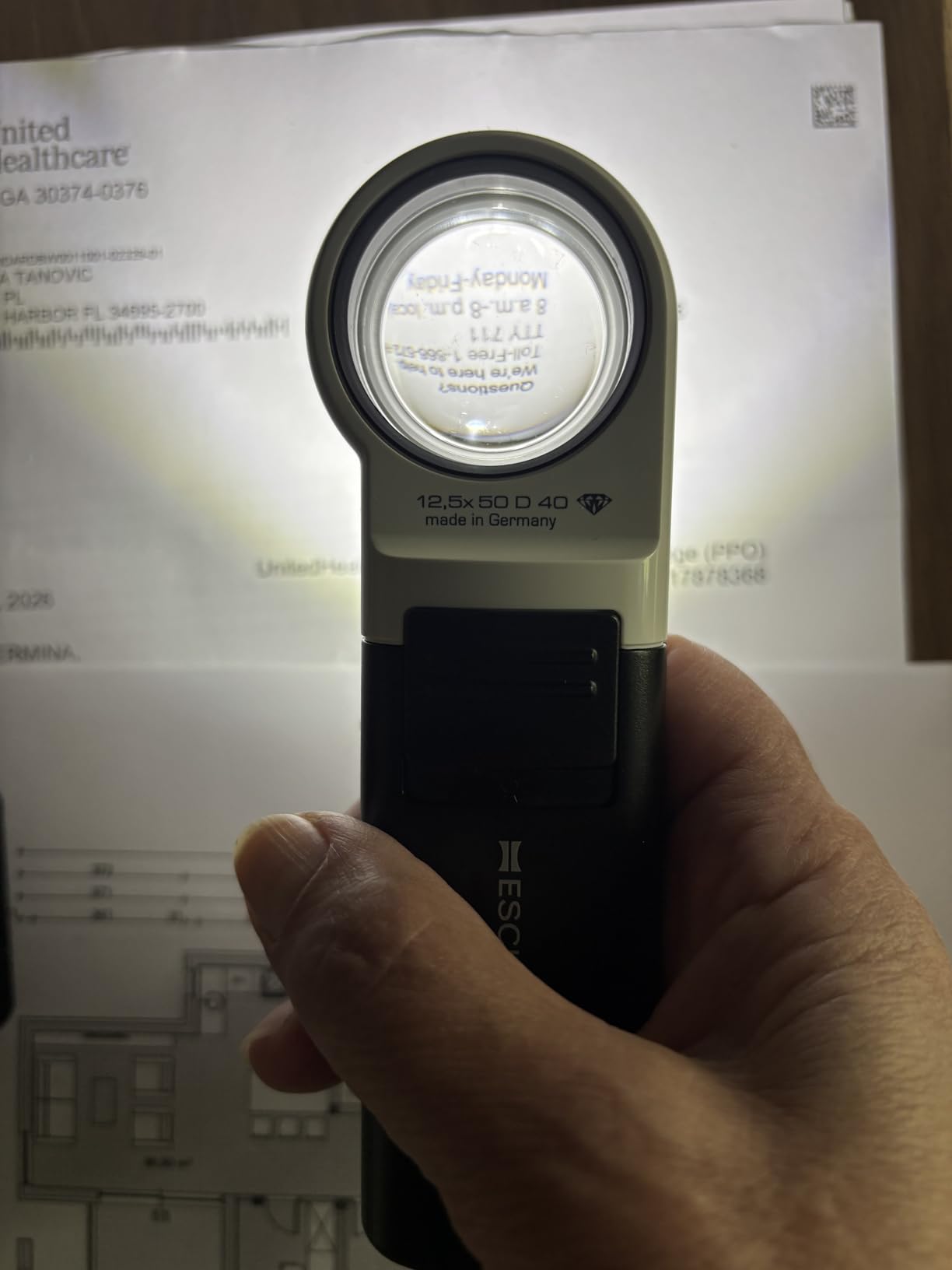 Eschenbach Mobilux Hand-held Magnifying Glass - LED Illuminated Magnifier, Removable Lens Cover & Eyelet for optional Neck Lanyard, 2 AA Batteries Included - 35mm, 12.5x/50 Diopter Magnification customer photo 2
