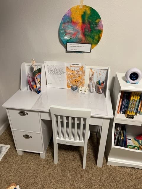 KidKraft Wooden Study Desk for Children with Chair, Bulletin Board and Cabinets, White customer photo 2