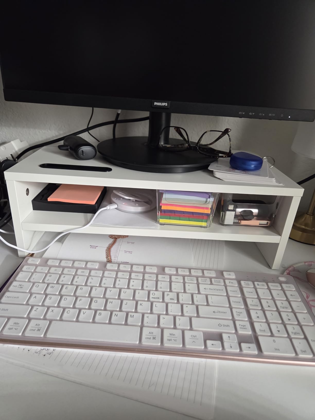 BONTEC Wooden Monitor Stand Riser, 2-Tier Desk Shelf with Storage Organizer, Ergonomic Computer Stand with Cable Management, Cellphone Holder, Black, 16.5 Inch customer photo 2
