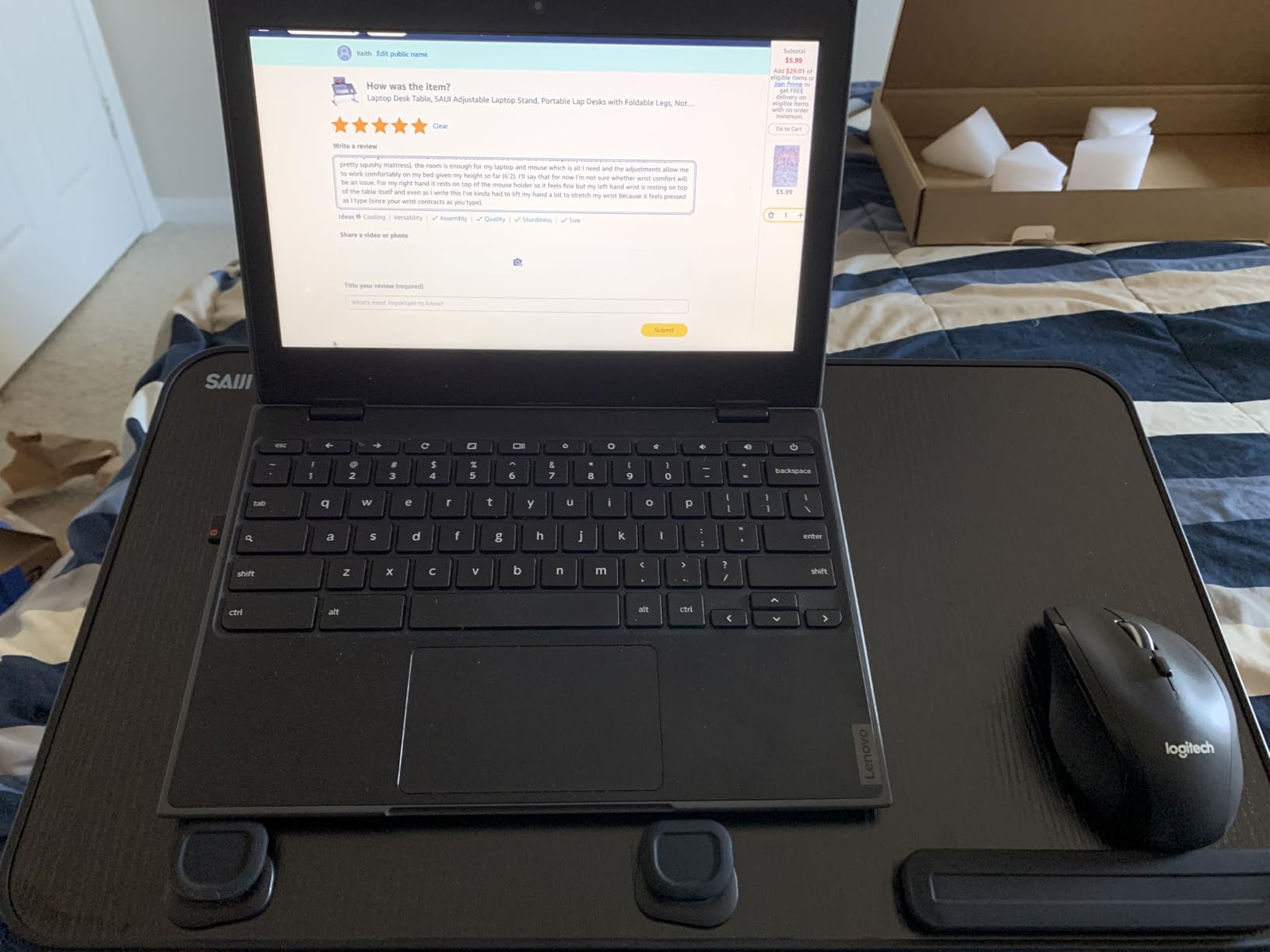 Laptop Desk Table, SAIJI Adjustable Laptop Stand, Portable Lap Desks with Foldable Legs, Notebook Standing Breakfast Tray Reading Desk for Sofa Couch Bed Floor (Black, Medium Size) customer photo 2