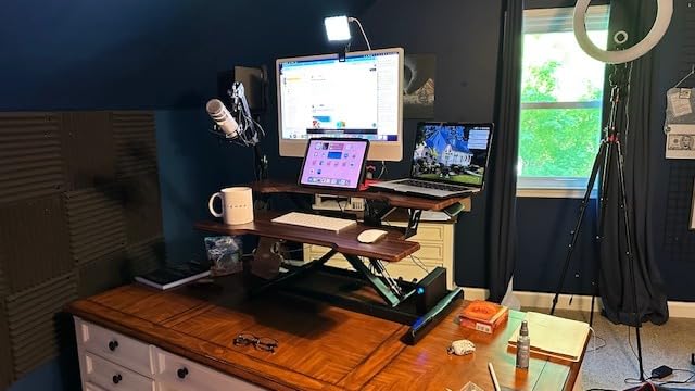 Standing Desk Converter 32 inch, Height Adjustable Sit Stand Desk Riser, Quick Sit to Stand Tabletop Dual Monitor Riser Workstation for Home Office with Keyboard Tray, Black customer photo 1