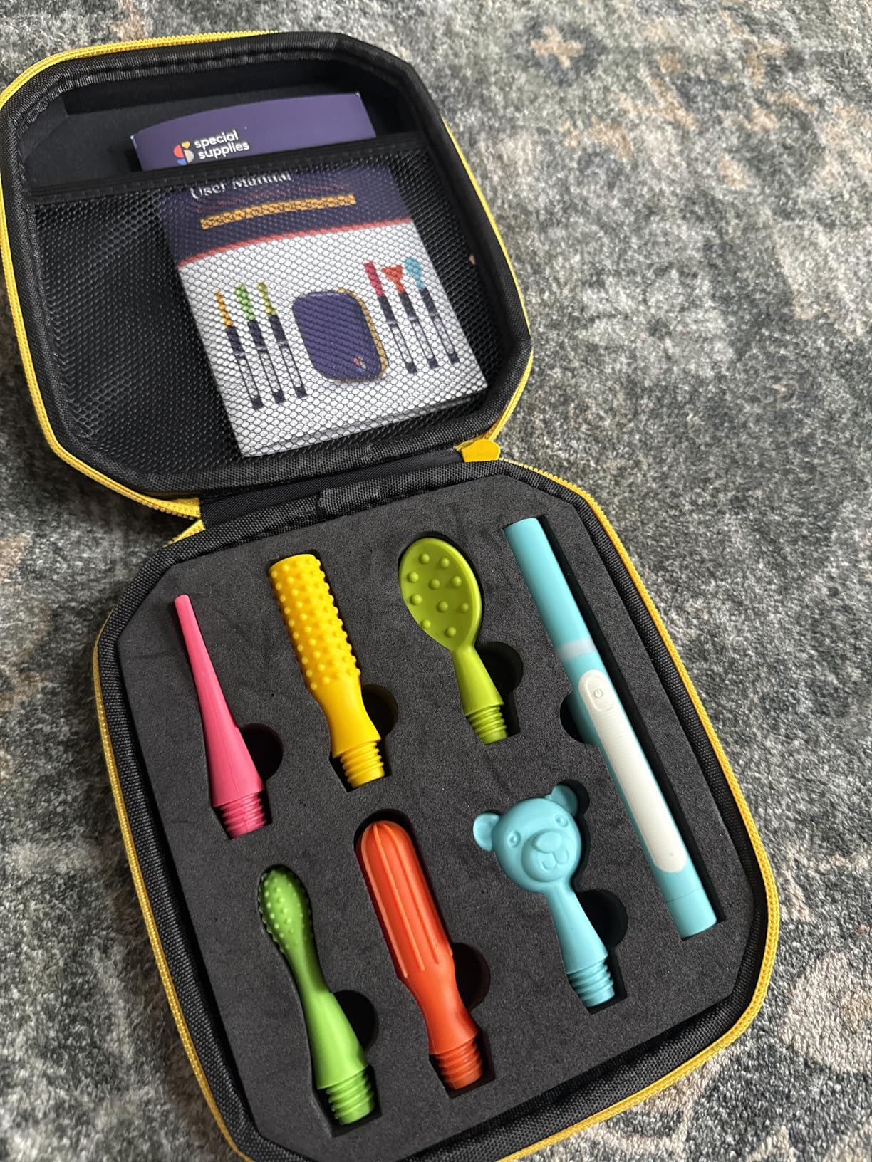 Special Supplies Buzz Buddy Oral Motor Stimulation kit with 6 Soft Textured Interchangeable Heads, Calm Sensory Needs, Support Speech, and Stimulate Self Feeding, Gentle Vibrations (Grey) customer photo 2
