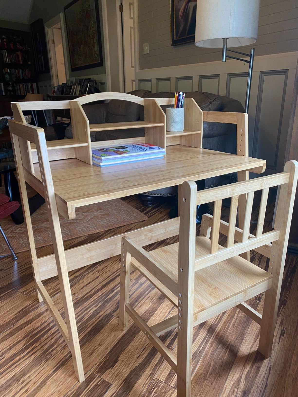 UNICOO Kids Desk and Chair Set, Height Adjustable Bamboo Study Desk with Removable Hutch and Storage, Ergonomic Children Writing Table for Homework, Reading and Art, Ages 3-12 customer photo 1