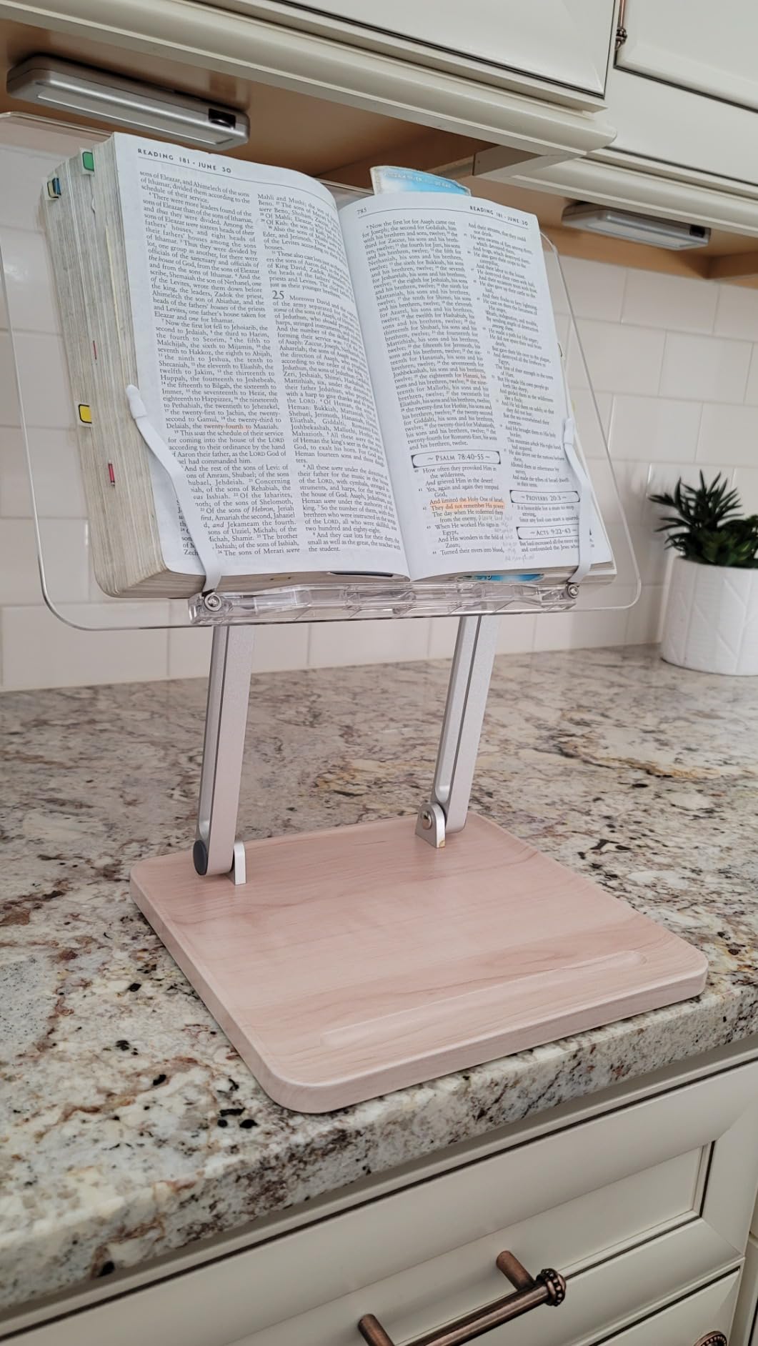Adjustable Acrylic Book Stand for Reading, Book Holder with Pen Slot, Foldable Desktop Riser for Laptop, Recipe, Textbook - Hands-Free, Cookbook Stand, Clear Design with Page Clips customer photo 1