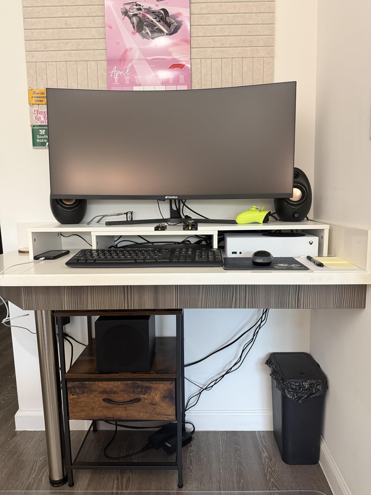 BONTEC Dual Monitor Stand Riser, Adjustable Length & Swivel Angle, Ergonomic Wooden Desktop Organizer with Smartphone Holder, Computer Monitor Stand for PC Monitor, Laptop, Printer, Large Storage customer photo 1
