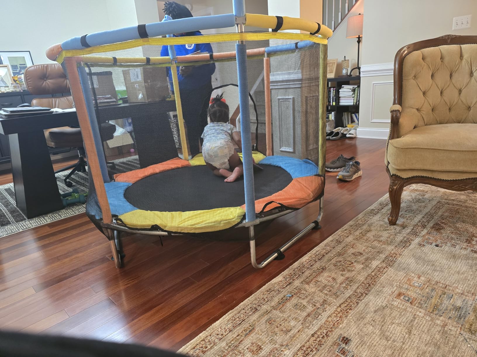 Toddler Trampoline for Kids Ages 1-8, 55'' Small Trampoline with Safety Enclosure Net & Adjustable Gymnastics Bar, Indoor & Outdoor Baby Mini Trampolines, Birthday Gifts for Children & Boys & Girls customer photo 1
