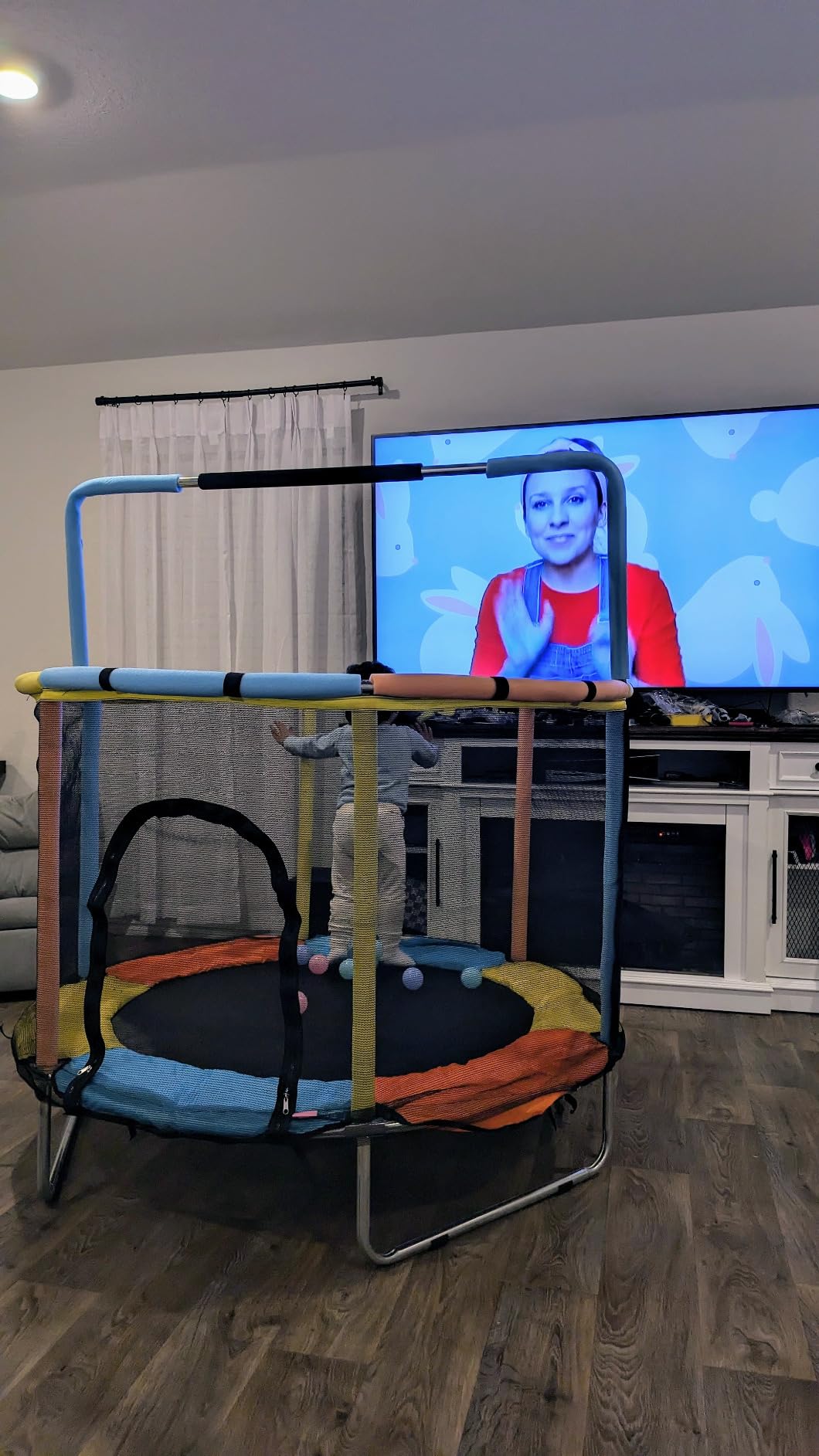 Toddler Trampoline for Kids Ages 1-8, 55'' Small Trampoline with Safety Enclosure Net & Adjustable Gymnastics Bar, Indoor & Outdoor Baby Mini Trampolines, Birthday Gifts for Children & Boys & Girls customer photo 2