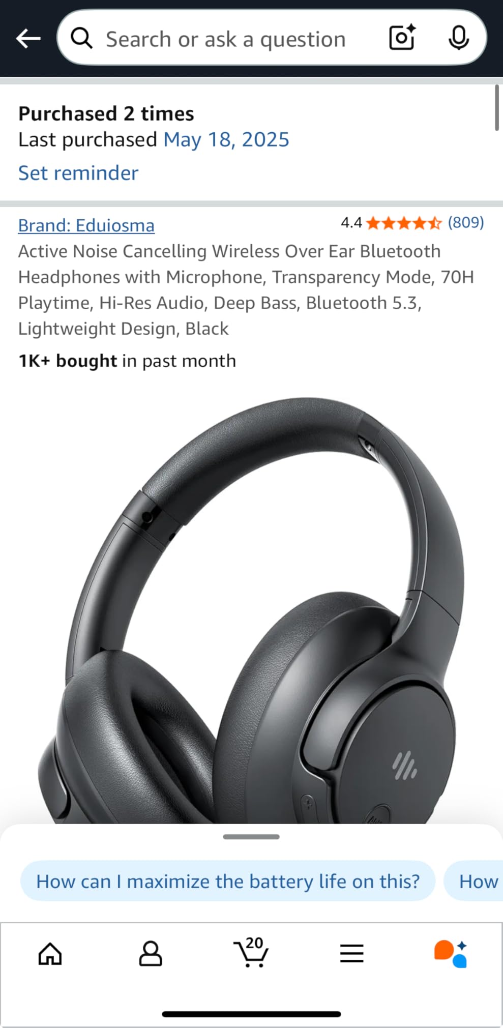 Eduiosma Active Noise Cancelling Headphones, Wireless Over Ear Bluetooth Headphones with Microphone, Transparency Mode, 70H Playtime, Hi-Res Audio, Deep Bass, Bluetooth 5.3, Lightweight Design, Black customer photo 2