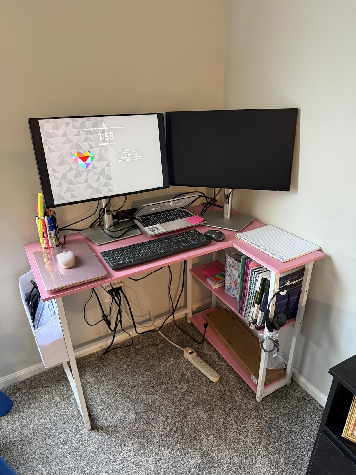 Pamray 43 Inch L Shaped Computer Desk with Reversible Side Storage Shelves, Small Corner Desk for Small Space Home Office, Writing Study Table PC Desk for Bedroom, White customer photo 1