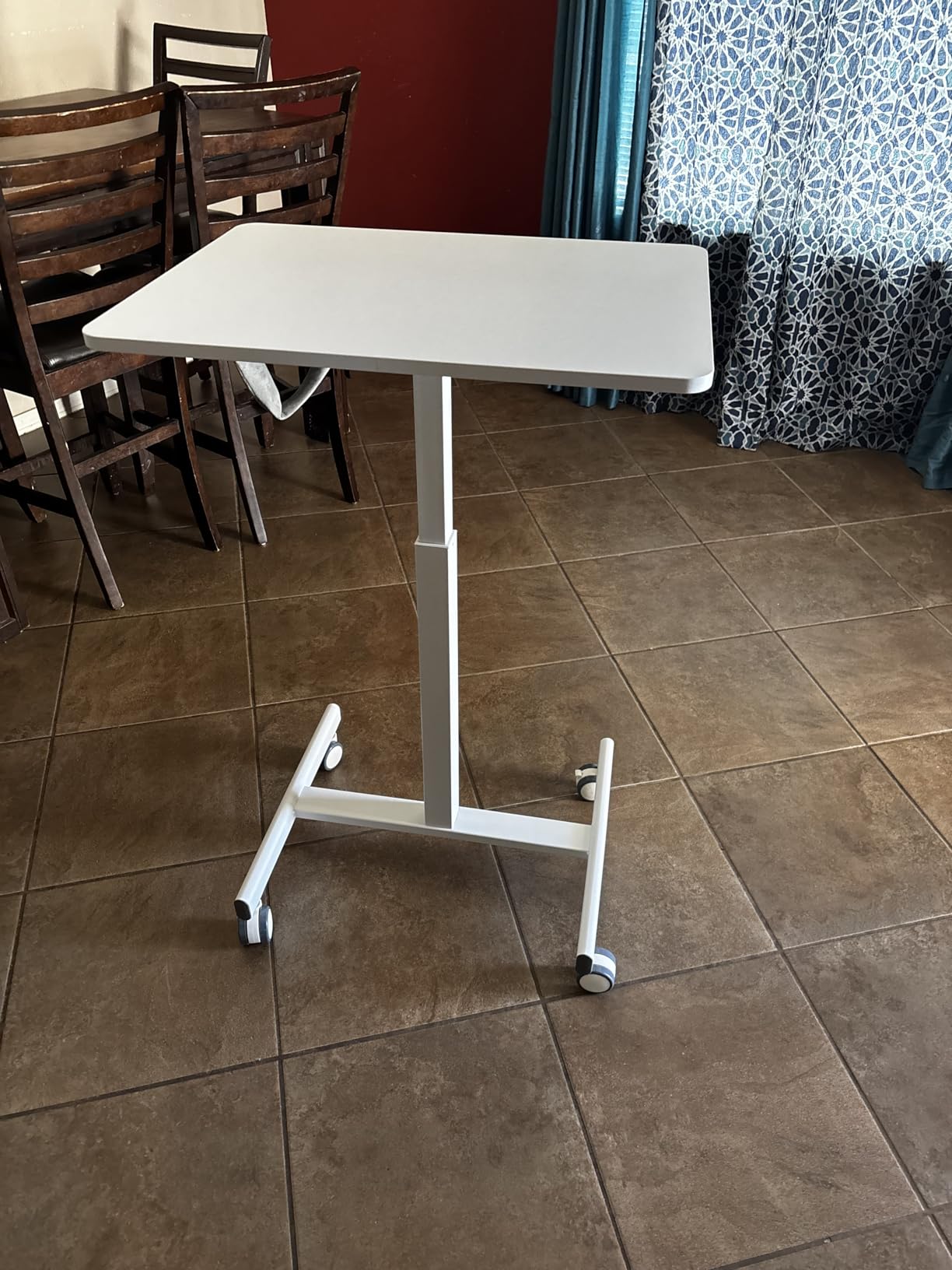 DUMOS Small Standing Desk Mobile Portable Rolling Laptop PC Table on Wheels Adjustable Height Computer Workstation for Home Office, 19 Inch, Modern White customer photo 2