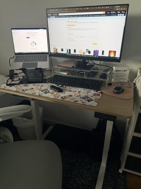 FEZIBO Standing Desk, 48 × 24 Inches Electric Height Adjustable, Sit and Stand Up, Computer Office Desk with Splice Board, White Frame/Maple TOP customer photo 1