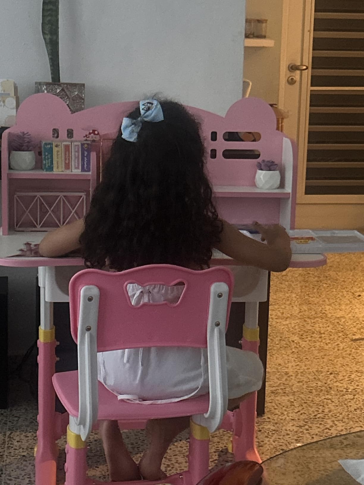 Kids Desk and Chair Set, Height Adjustable Child's School Study Writing Tables, Kids Desk with Bookstand and Storage Drawer, Widened Desktop with Desktop for Boys and Girls (Pink) customer photo 1