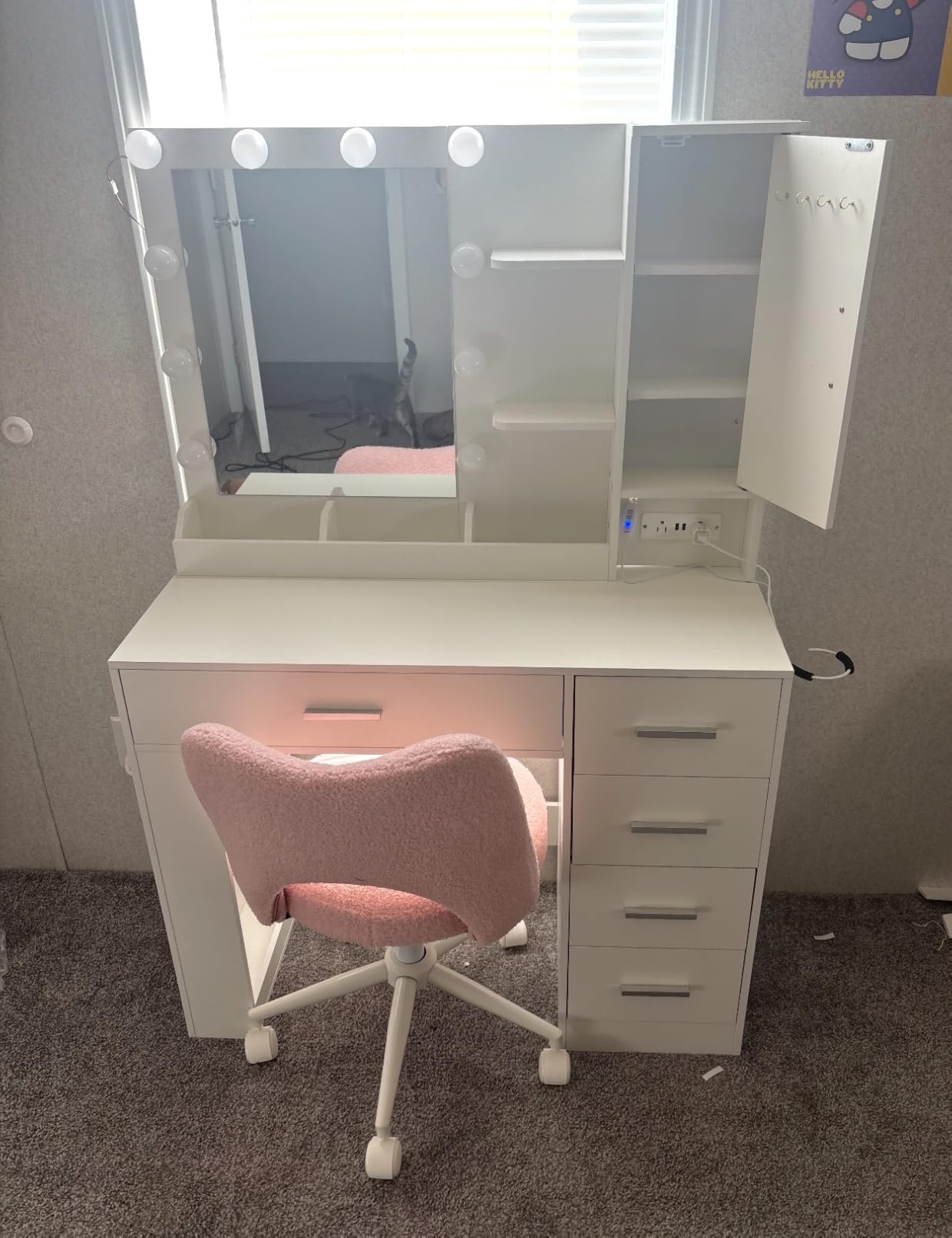 DurayLoly Vanity Chair with Open Hollow Back, Armless Desk Chair with Silent Wheels, Height Adjustable, Soft Teddy Fabric, 360 Swivel for Bedroom Vanity & Home Office, Candy Pink customer photo 1
