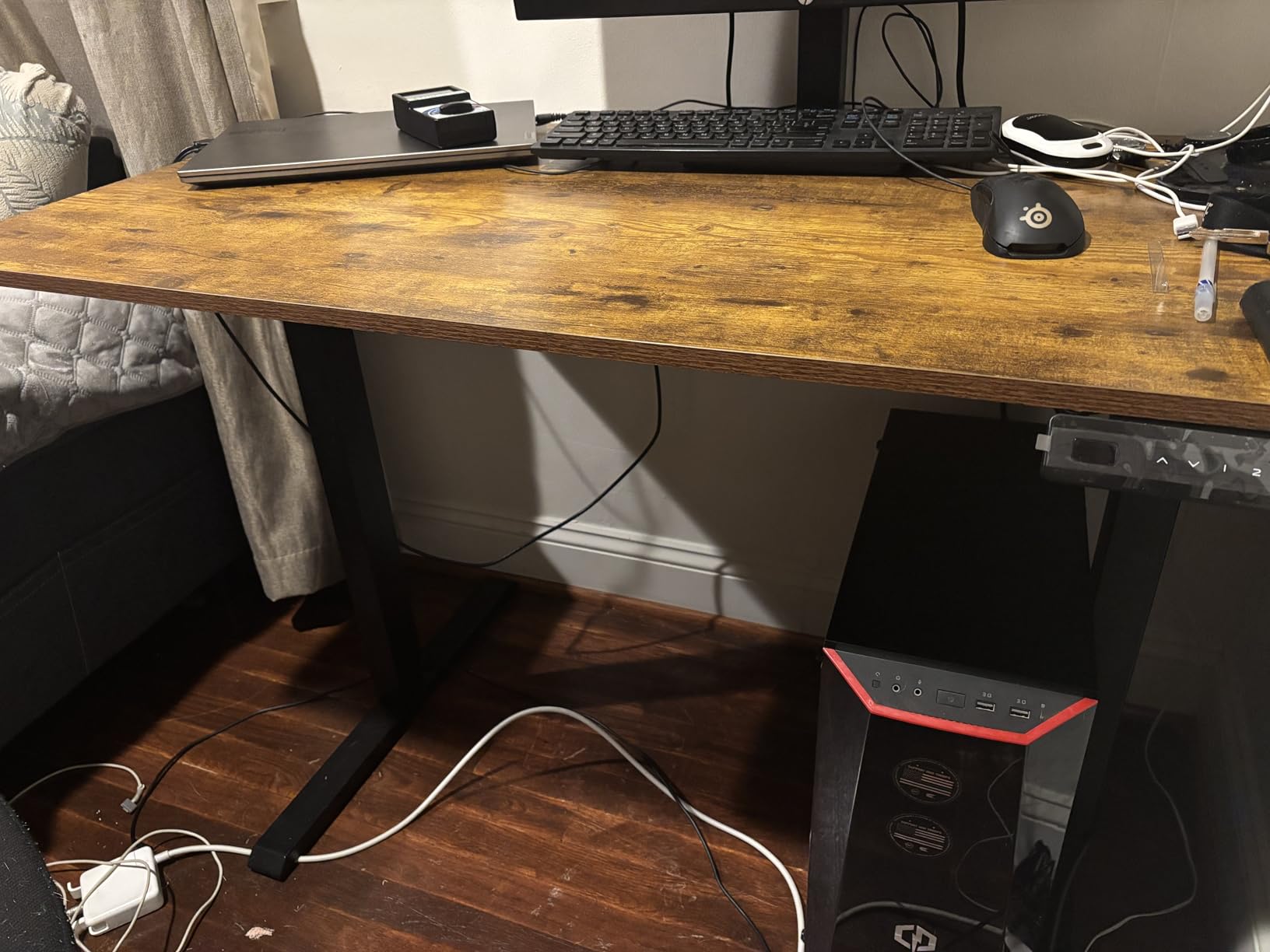 CubiCubi 55 x 24 Large One-Piece Standing Desk, Adjustable Height Electric Computer Home Office Sit Stand up Workstation, with 4 Memory Presets, Headphone Hook, Black Walnut customer photo 2