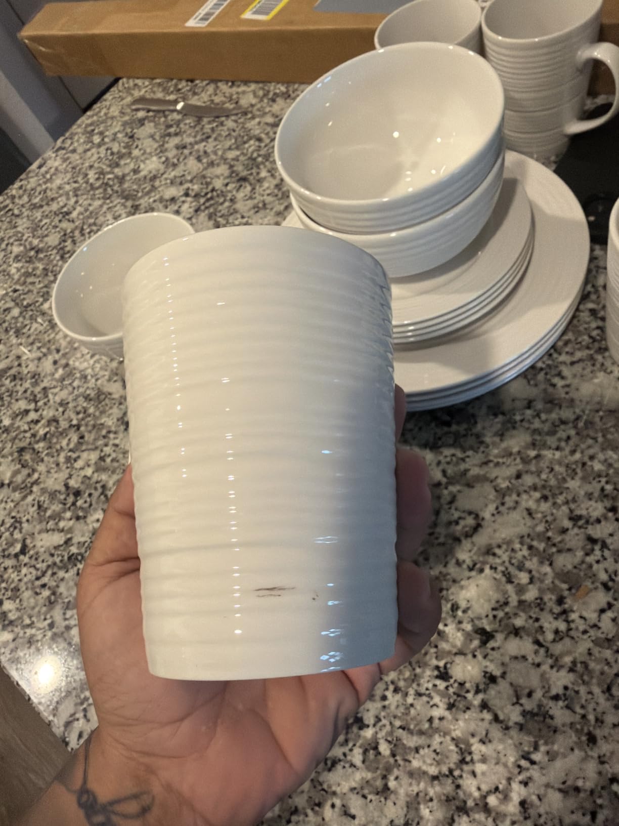 Gibson Home Amelia Court 16 Piece Dinnerware Set, White - Embossed Porcelain, Service for 4, Dishwasher and Microwave Safe customer photo 1