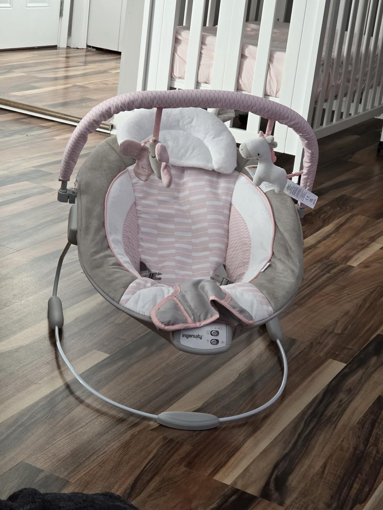 Ingenuity Soothing Baby Bouncer Infant Seat with Vibrations, Toy Bar & Sounds, 0-6 Months Up to 20 lbs (Pink Flora the Unicorn) customer photo 1