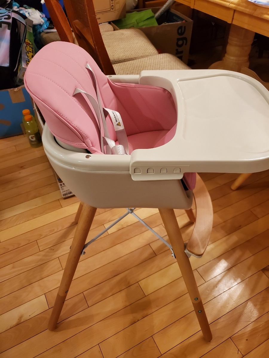 BABY JOY Convertible Baby High Chair, 3 in 1 Wooden Highchair/Booster/Chair with Removable Tray, Adjustable Legs, 5-Point Harness, PU Cushion and Footrest for Baby, Infants, Toddlers (Beige) customer photo 1