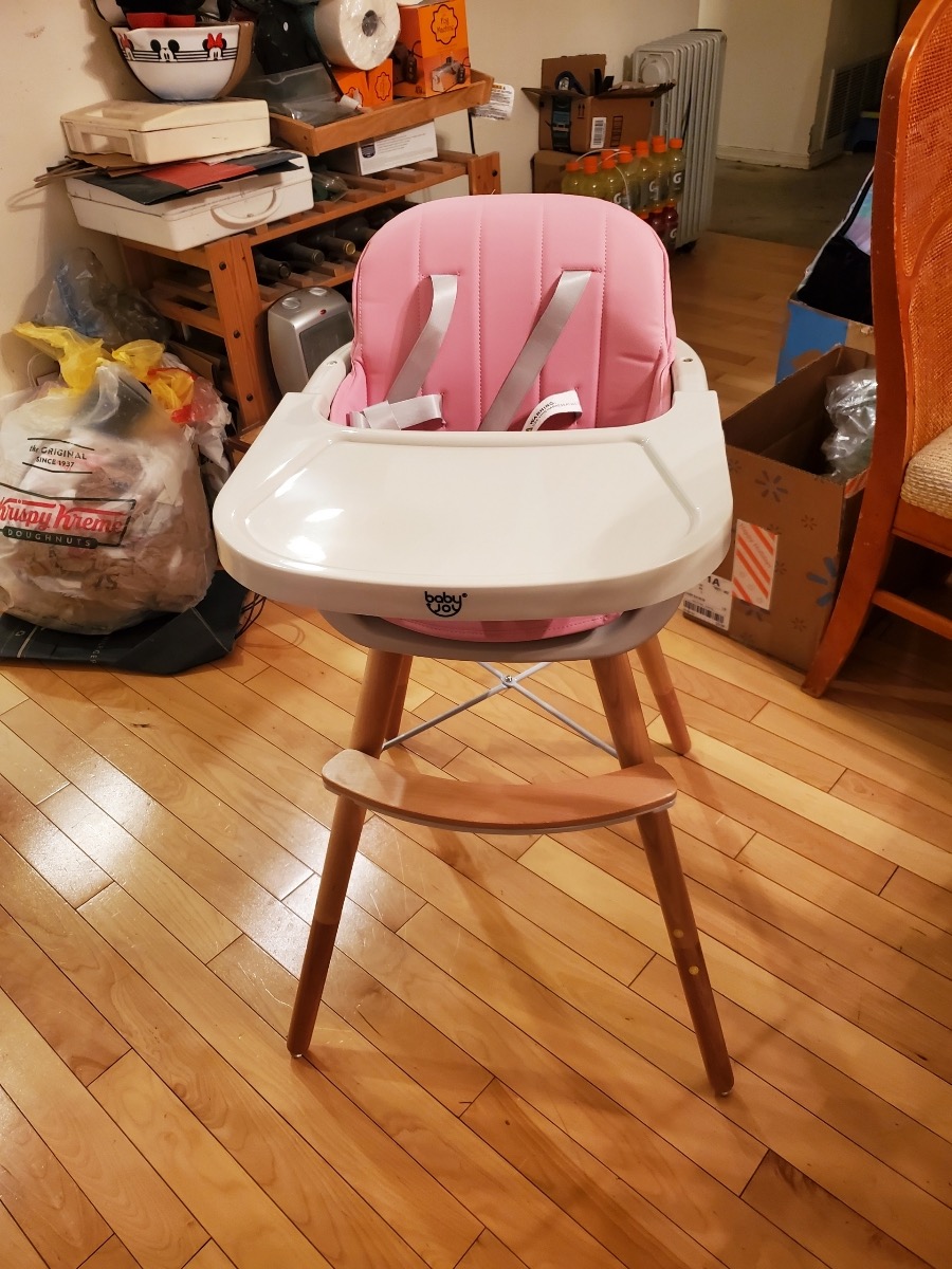 BABY JOY Convertible Baby High Chair, 3 in 1 Wooden Highchair/Booster/Chair with Removable Tray, Adjustable Legs, 5-Point Harness, PU Cushion and Footrest for Baby, Infants, Toddlers (Beige) customer photo 2