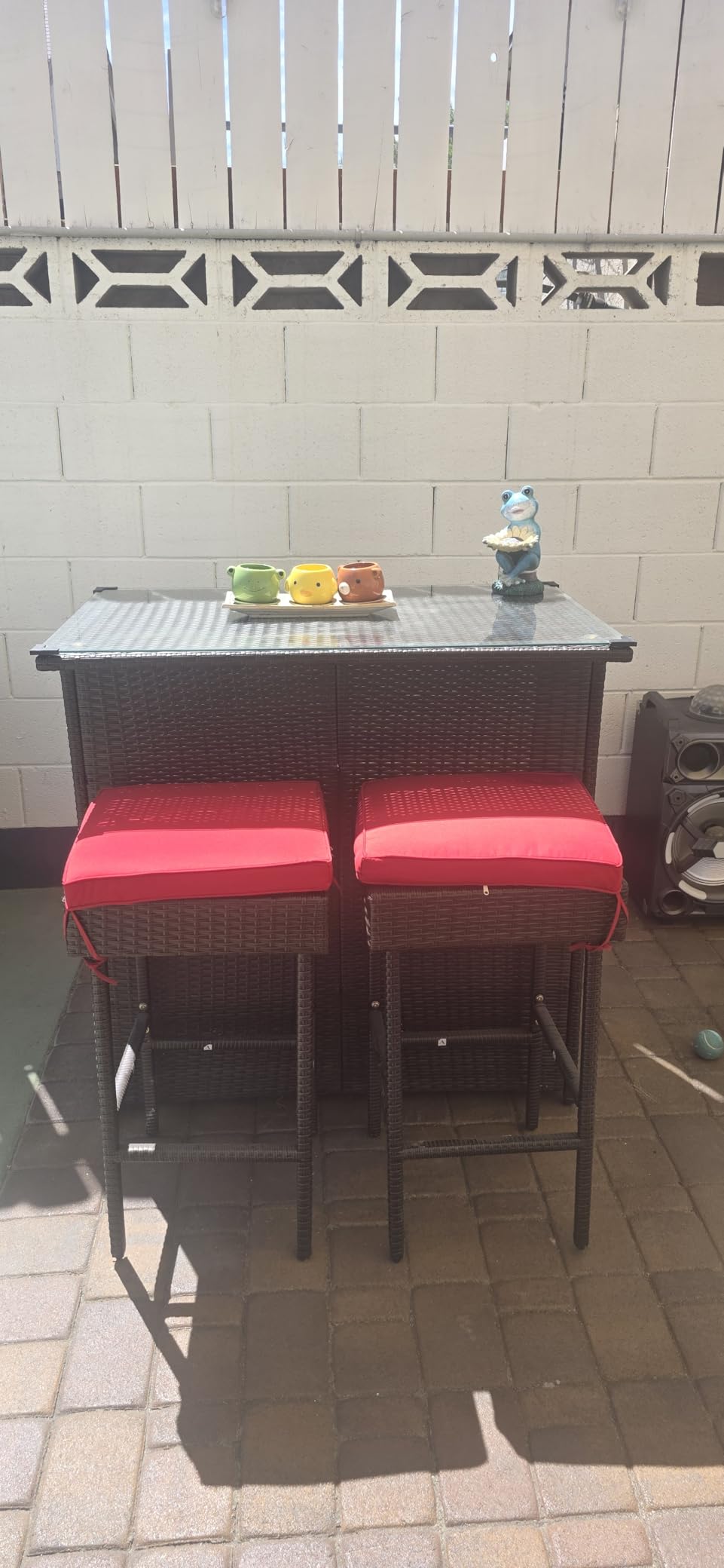 Tangkula Patio Bar Set, 3 Piece Outdoor Rattan Wicker Bar Set with 2 Cushions Stools & Glass Top Table, Outdoor Furniture Set for Patios Backyards Porches Gardens Poolside (Red) customer photo 1