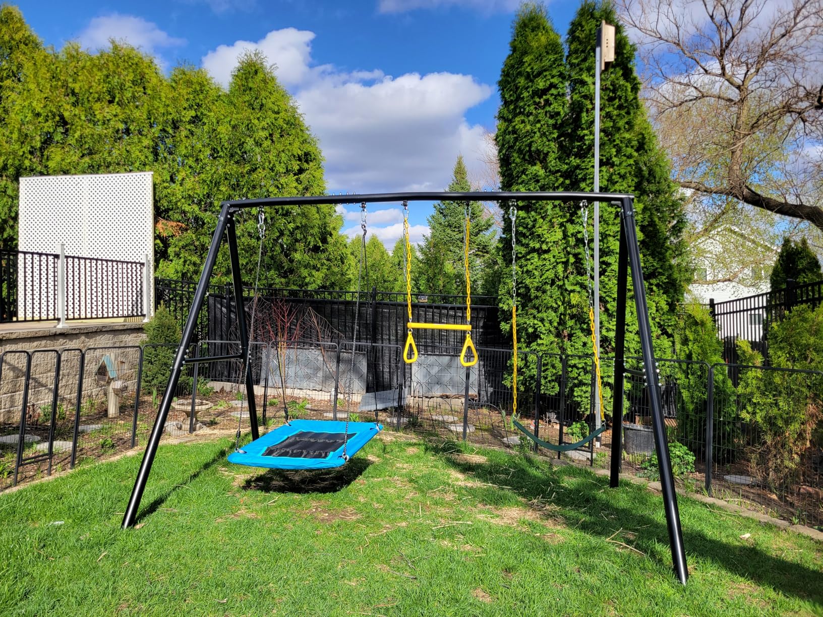 600lb Heavy Duty Swing Set for Outdoor Backyard with 3 Swings Black | 60mm Metal Pipe, Platform Swing + 2 Belt Swings, for Kids from Toddler to Teens, ASTM Tested | CPSC Safety Compliant (Patented) customer photo 1