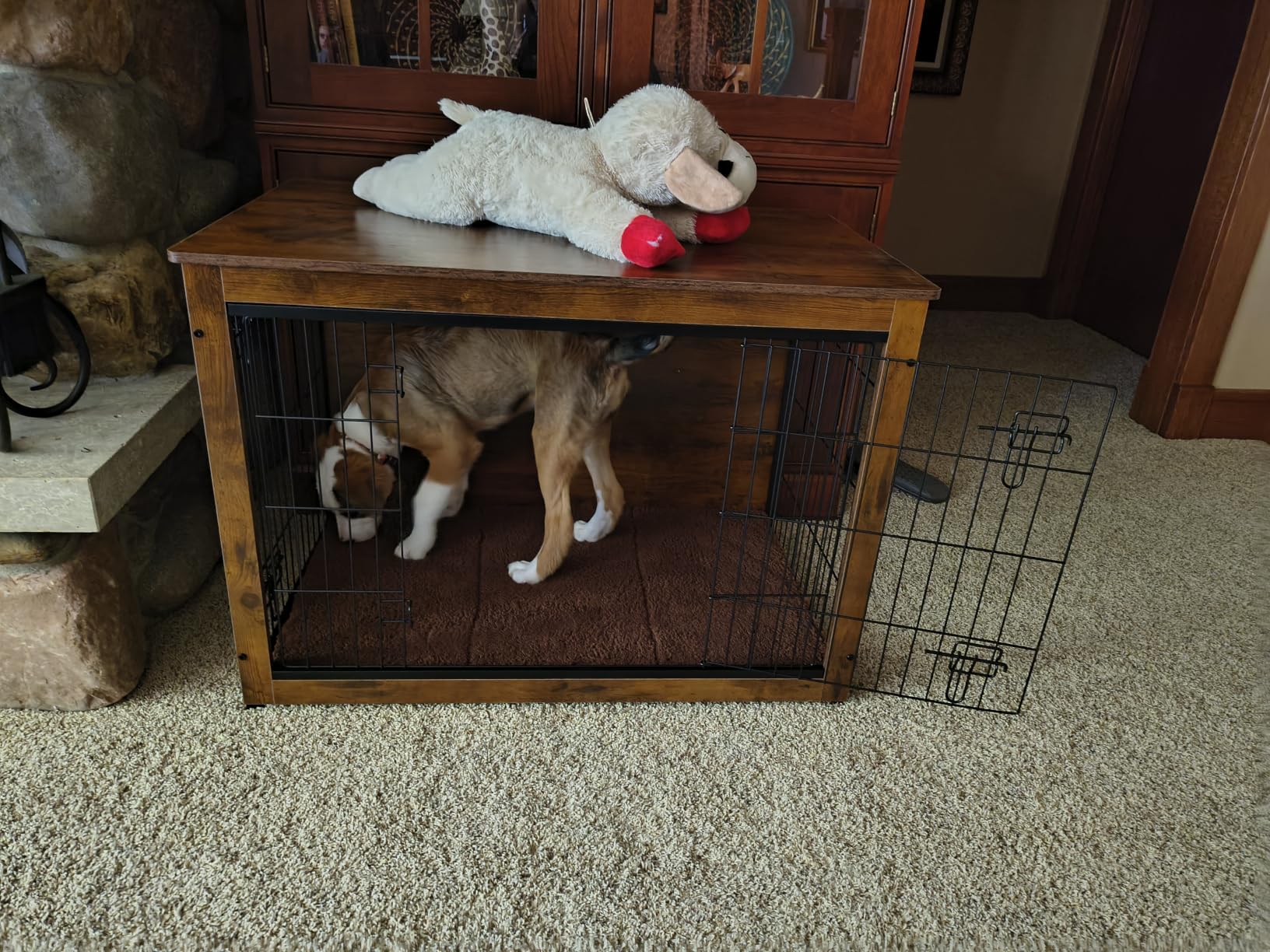 DWANTON Dog Crate Furniture, Dog Kennel Indoor, with Waterproof Cushion | Small Wooden Kennel Table Indoor, Double Doors, Decorative Pet House as TV/Night Stand Side/End Table, Rustic Brown customer photo 1