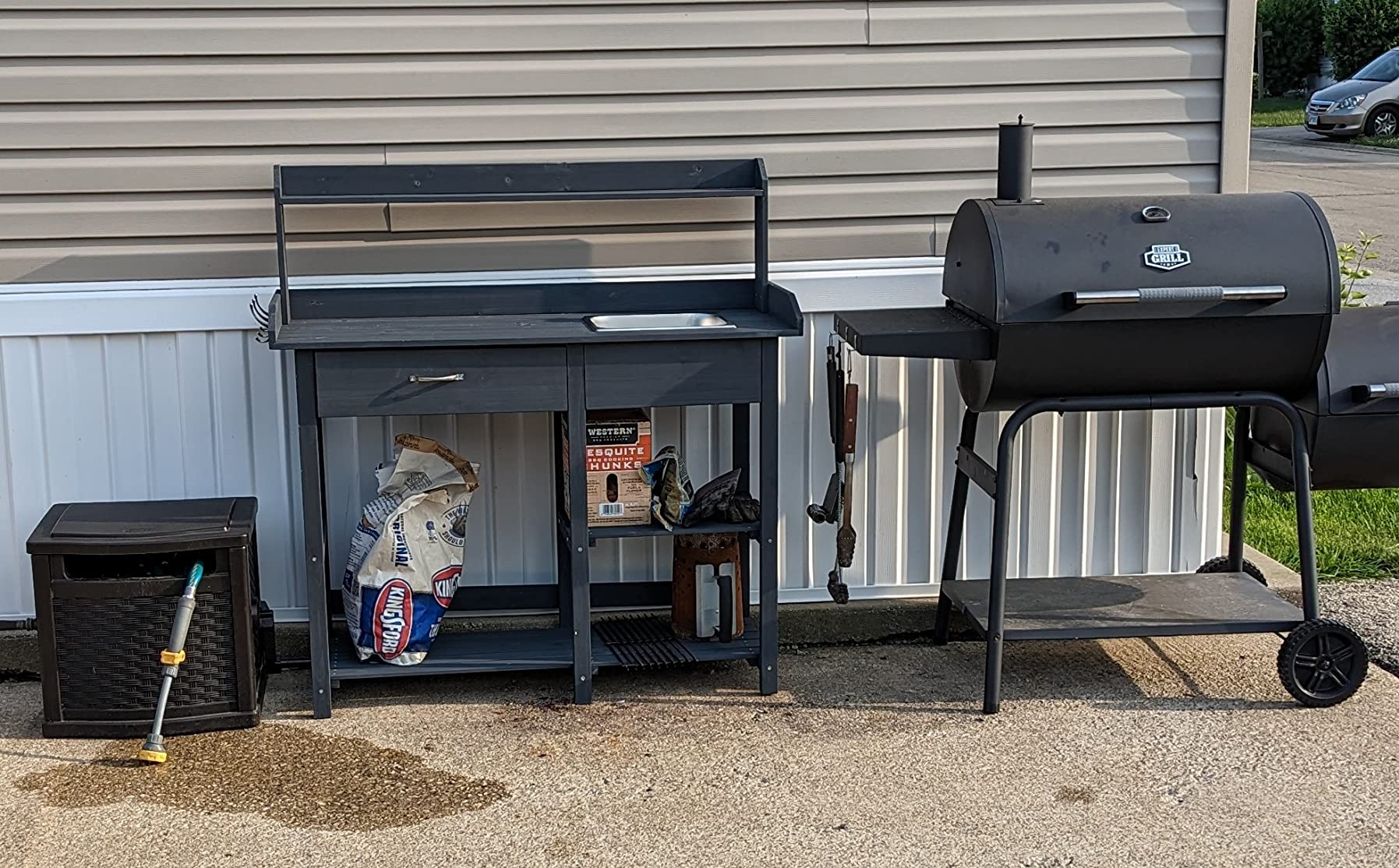 MUPATER Potting Bench Garden Table for Outdoors with Removable Stainless Sink, Planting Work Bench with Storage Shelves and Drawer, Grey customer photo 2