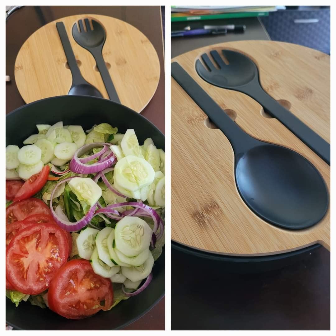 ShineMe Large Salad Bowl with Lid, Bamboo Fiber Salad Serving Bowl Set with Utensils, 9.8inches Mixing Bowl with Servers, Solid Bamboo Wooden Bowl for Candy, Salad, Fruits, Vegetables and Pasta(White) customer photo 1