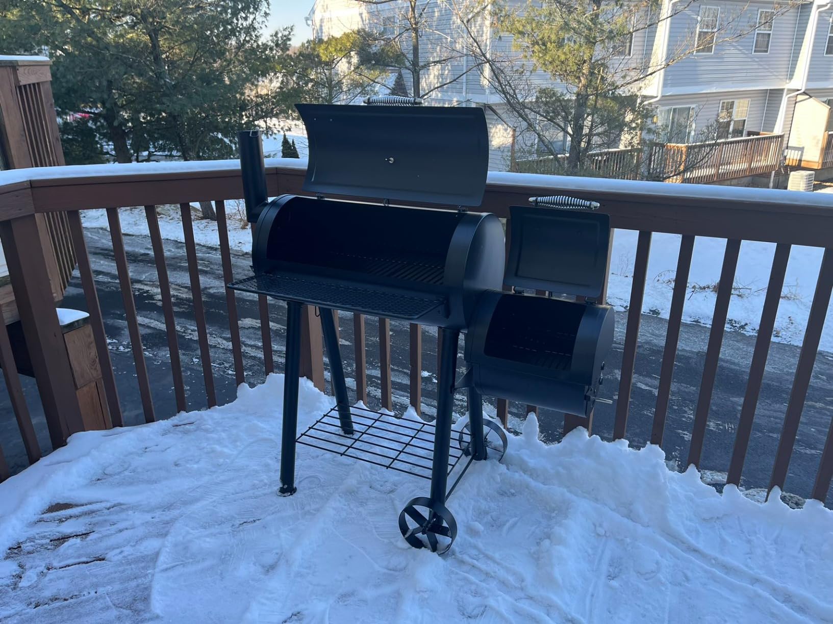 MFSTUDIO Barrel Charcoal Grill w/Offset Smoker w/ 512 SQ.IN. Cooking Area | Built-In Thermometer, Adjustable Fire Vent, Porcelain-enameled Cooking Grates, Thick Steel Lid, Foldable Front Shelf, for BBQ customer photo 2