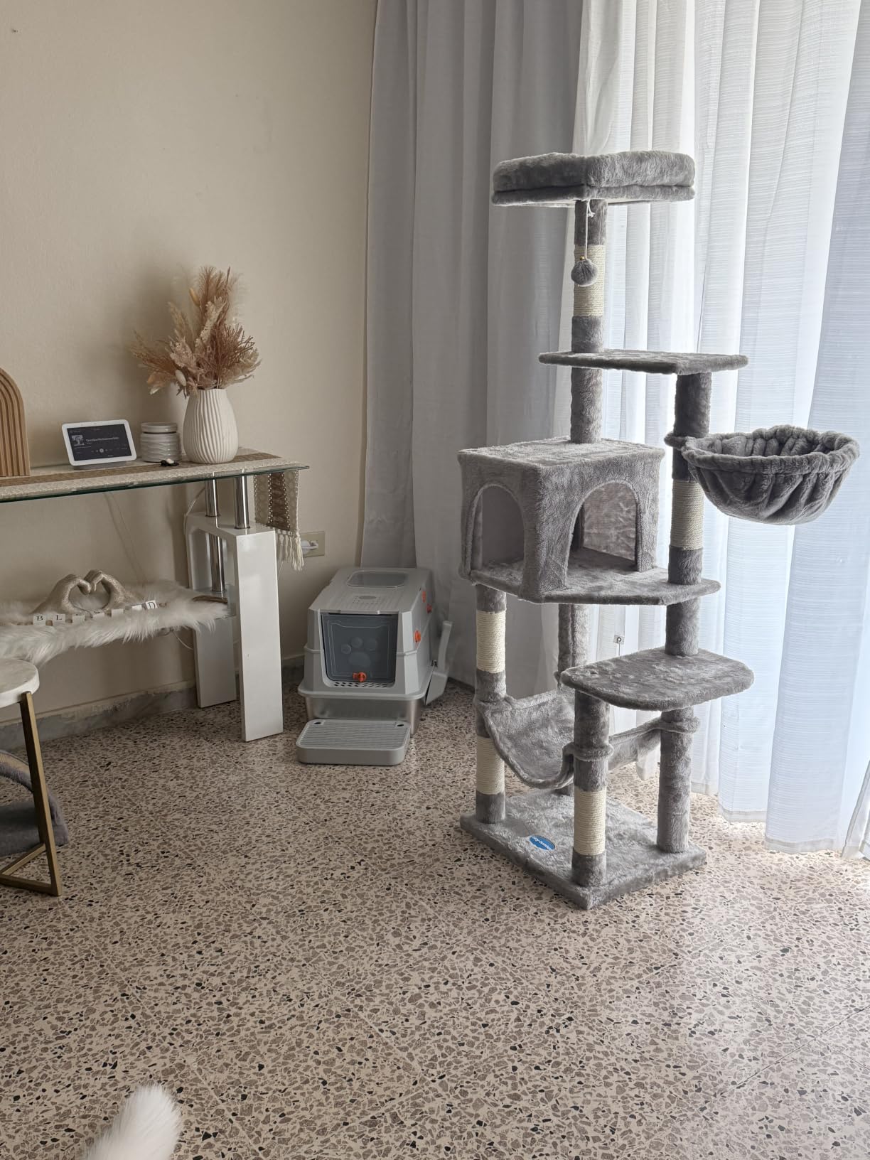 Hey-brother Cat Tree, Multi-Level Sisal Covered Scratching Posts, MPJ050W | 60.6 Inches Tower with Condo, Large Hammock, Top Perch, Toy Ball for Indoor Multi-Cats Households, Light Gray customer photo 2