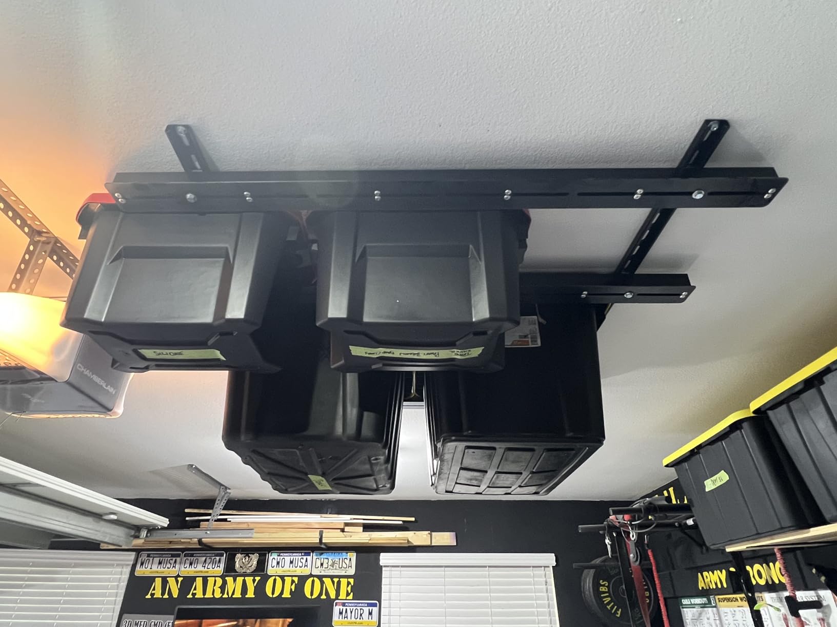 TORACK Garage Ceiling Bin Storage Rack, Overhead Tote Storage Rail System Heavy Duty Adjustable Tote Slide Rails Garage Bins Storage System (Black, Bins are not included) customer photo 1