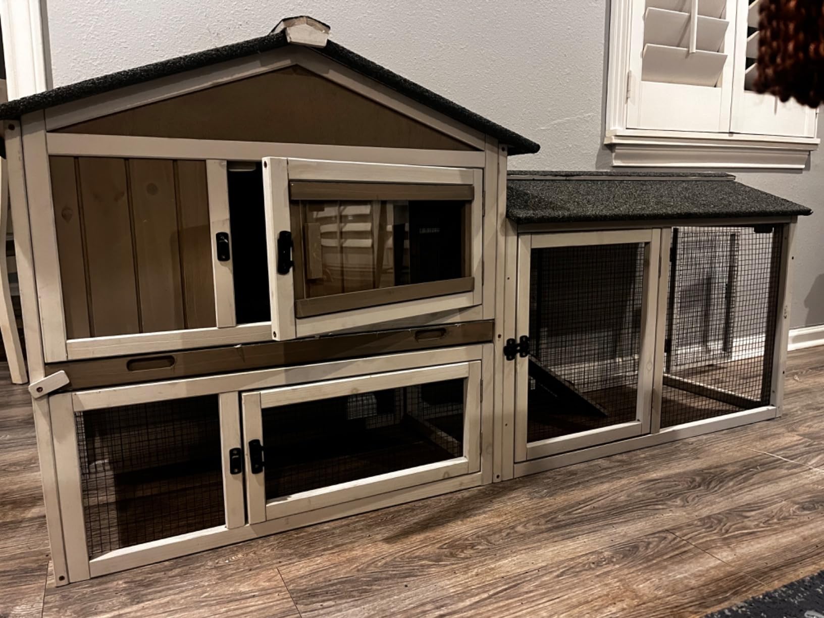 Rabbit Hutch Indoor and Outdoor 2-Story Rabbit Cage with Pull Out Tray, Fir Wood Pet House with Wooden Ramp, Waterproof Bunny Cage Indoor with 2 Asphalt Roofs, Grey (114