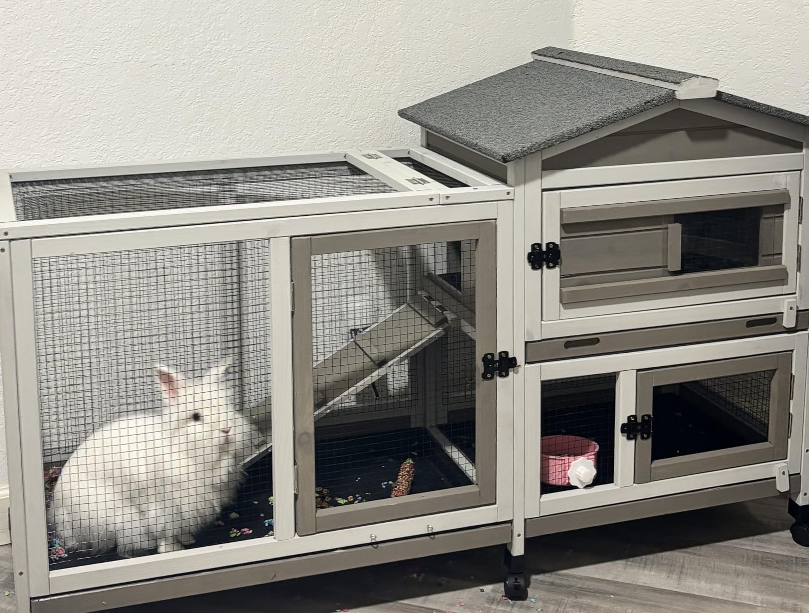 Rabbit Hutch Indoor and Outdoor 2-Story Rabbit Cage with Pull Out Tray, Fir Wood Pet House with Wooden Ramp, Waterproof Bunny Cage Indoor with 2 Asphalt Roofs, Grey (114