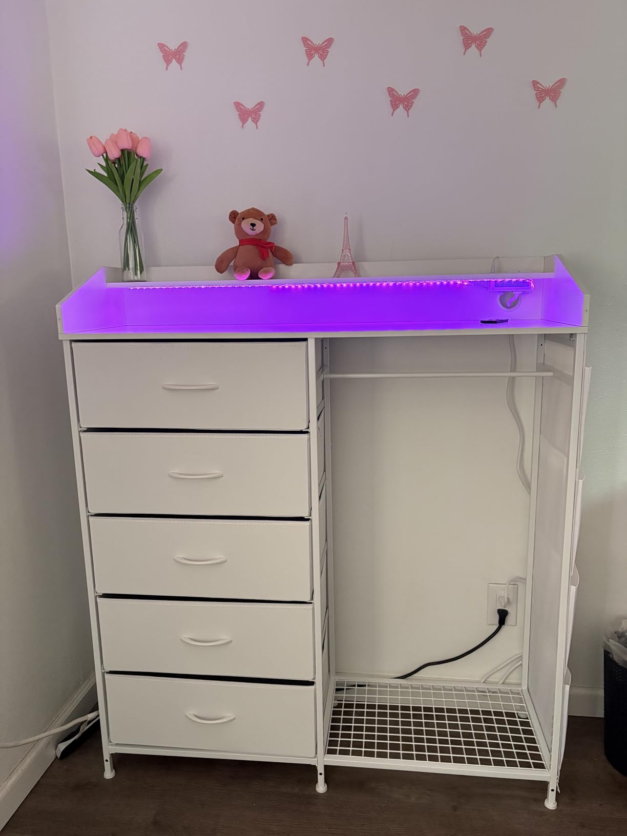 LUMTOK Dresser with Hanging Rack, 5 Fabric Drawers & Side Pocket for Bedroom | 2 in 1 White 5 Drawers Dresser with LED & Charging Station, Dresser with Clothes Rack for Bedroom, Living Room, Entryway, Closets customer photo 1