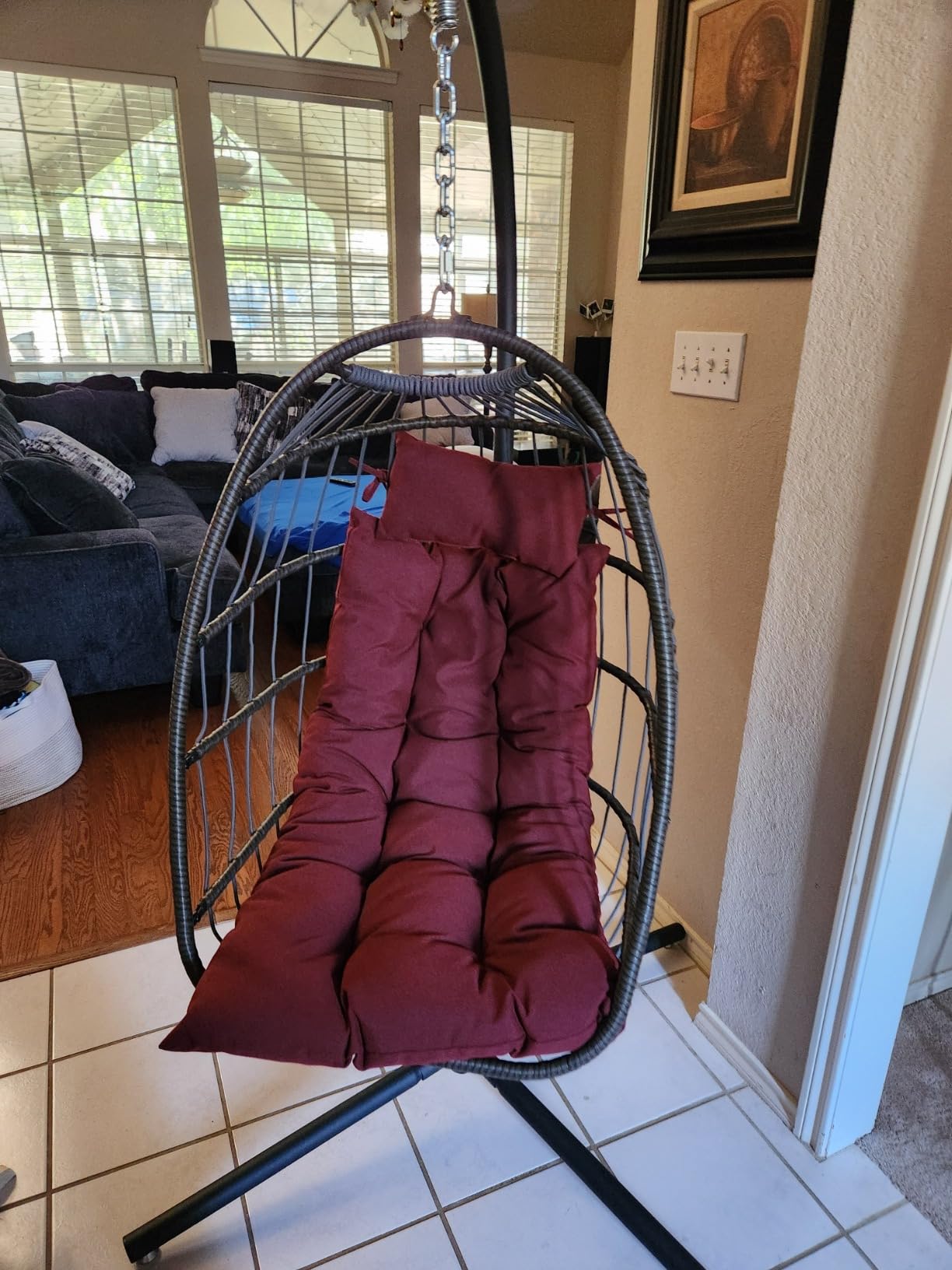 Hanging Egg Chair w/Stand - Wicker Rattan Swing, Padded Cushion | Foldable Design, Weather-Resistant Cushion & Padded Headrest Included, 350 lb Capacity, Great for Patio, Backyard & Bedroom customer photo 1