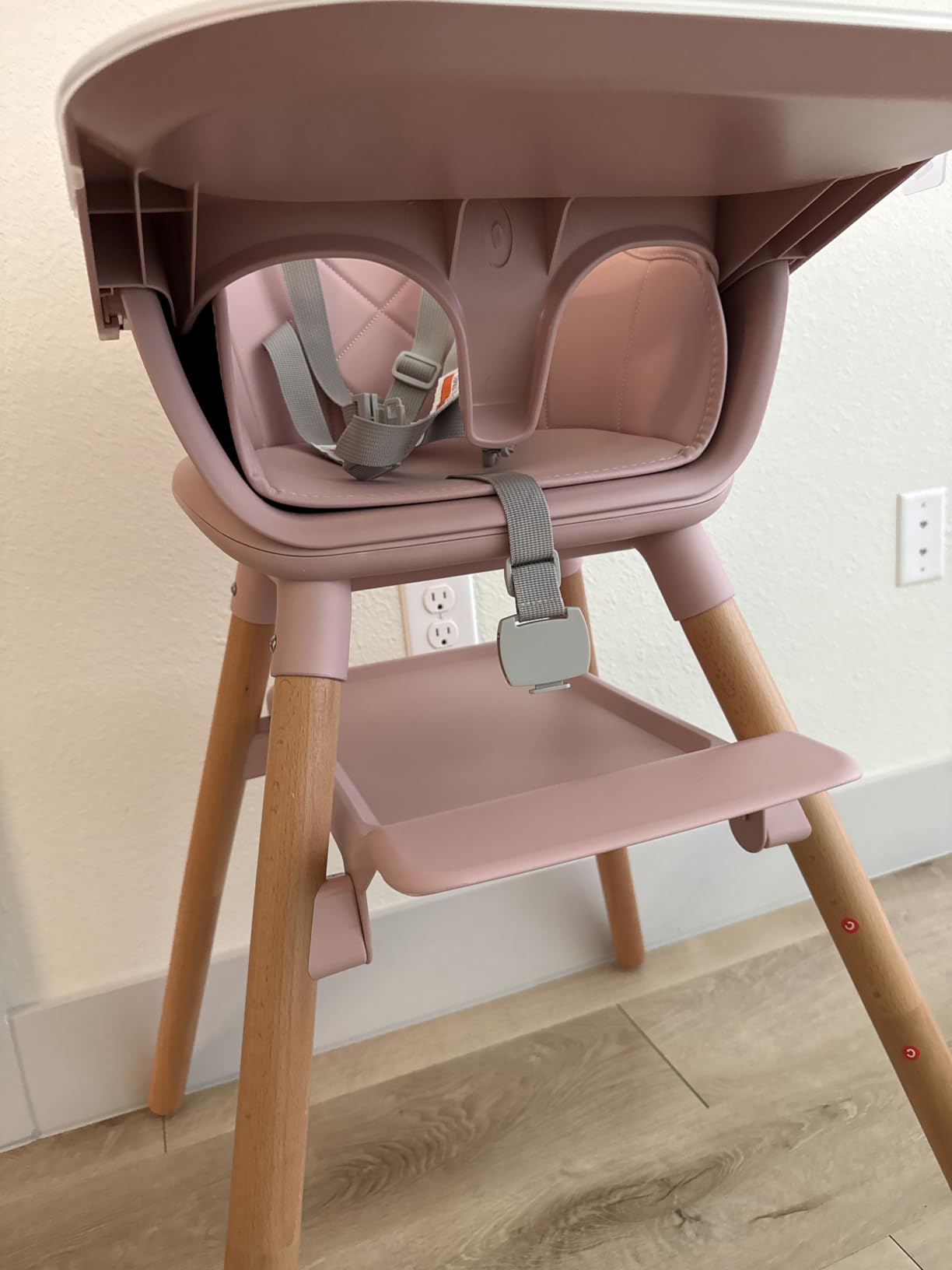 BABY JOY High Chair, 6 in 1 Convertible Wooden Highchair for Babies & Toddlers with Adjustable Legs, Double Removable Tray, Safety Harness & Waterproof PU Cushion (Beige) customer photo 1