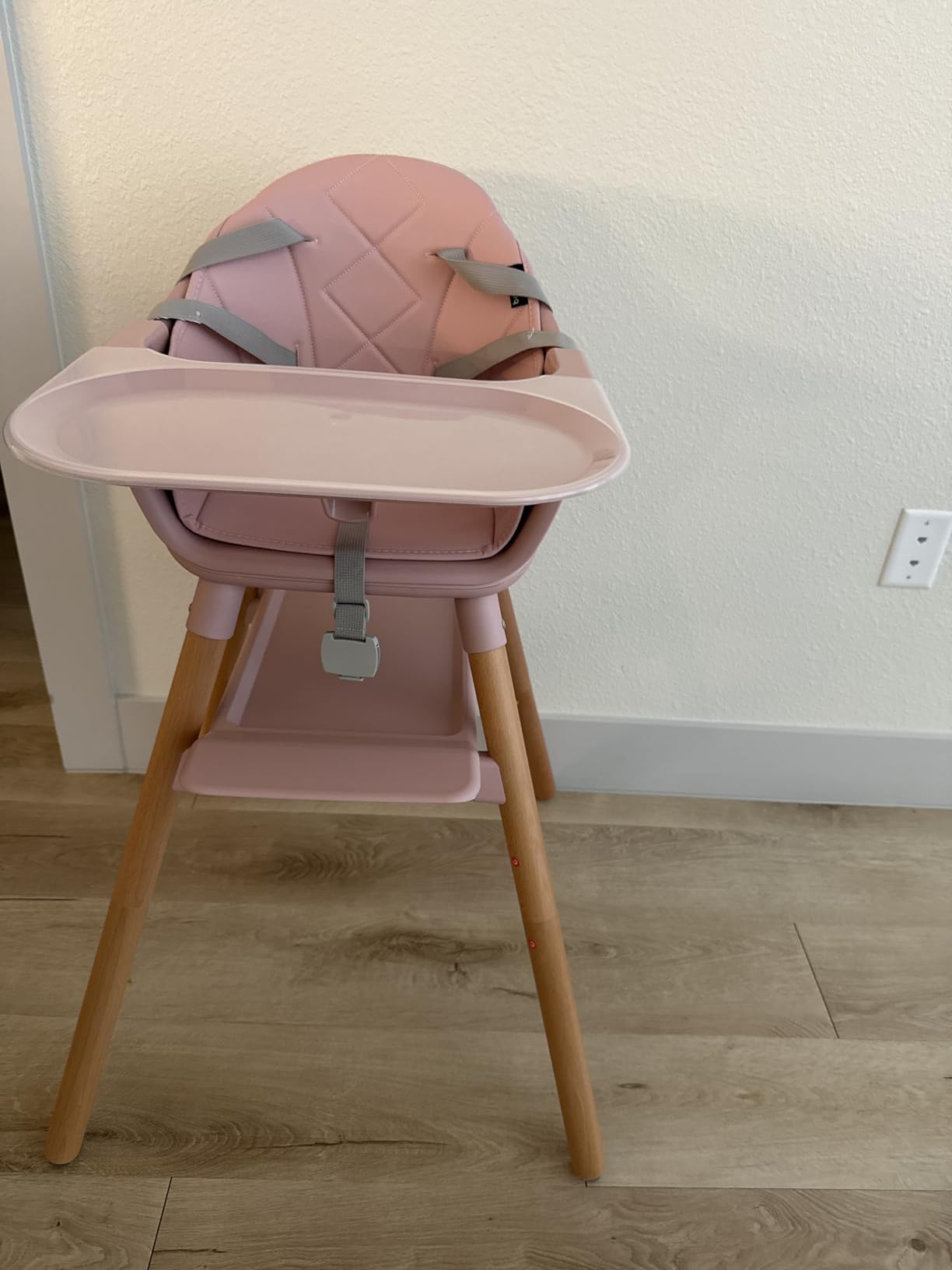 BABY JOY High Chair, 6 in 1 Convertible Wooden Highchair for Babies & Toddlers with Adjustable Legs, Double Removable Tray, Safety Harness & Waterproof PU Cushion (Beige) customer photo 2