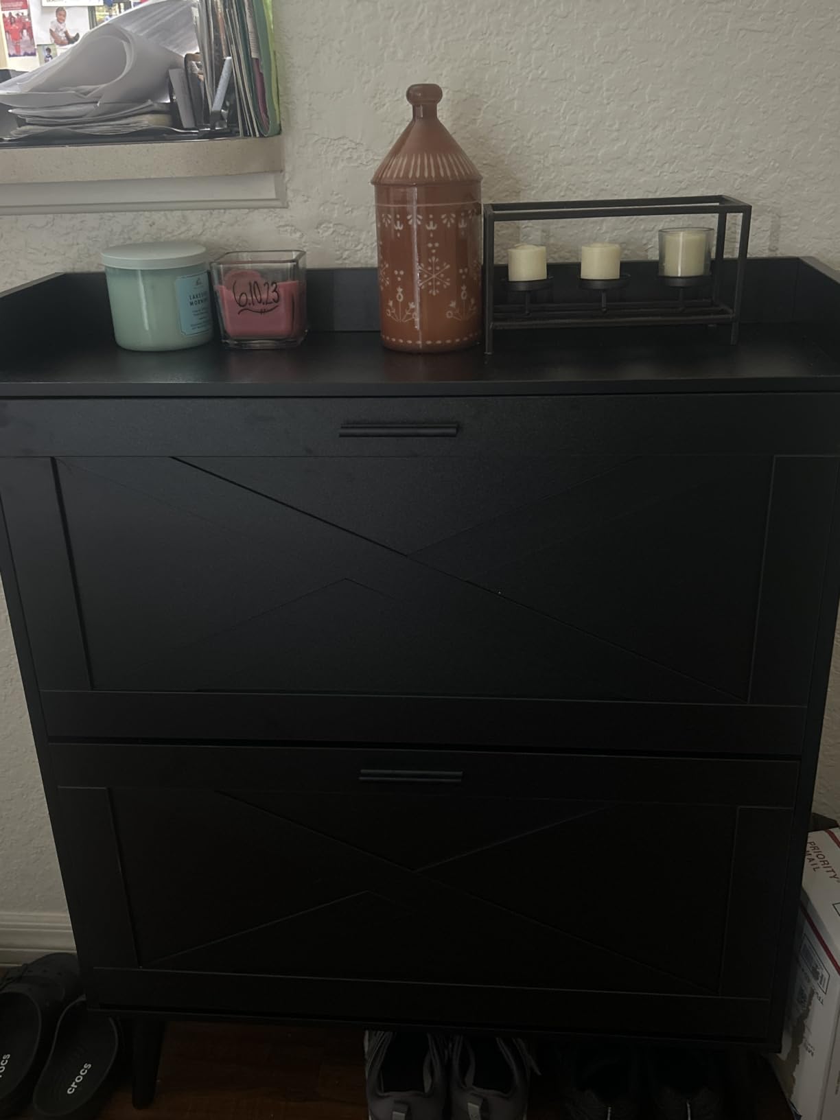 Homleke Farmhouse Shoe Storage Cabinet with Flip Drawers & Barn Door Design | Slim Narrow Shoe Rack Cabinet with Adjustable Shelves & Hidden Storage for Entryway, Foyer, Hallway, Living Room, Black customer photo 2