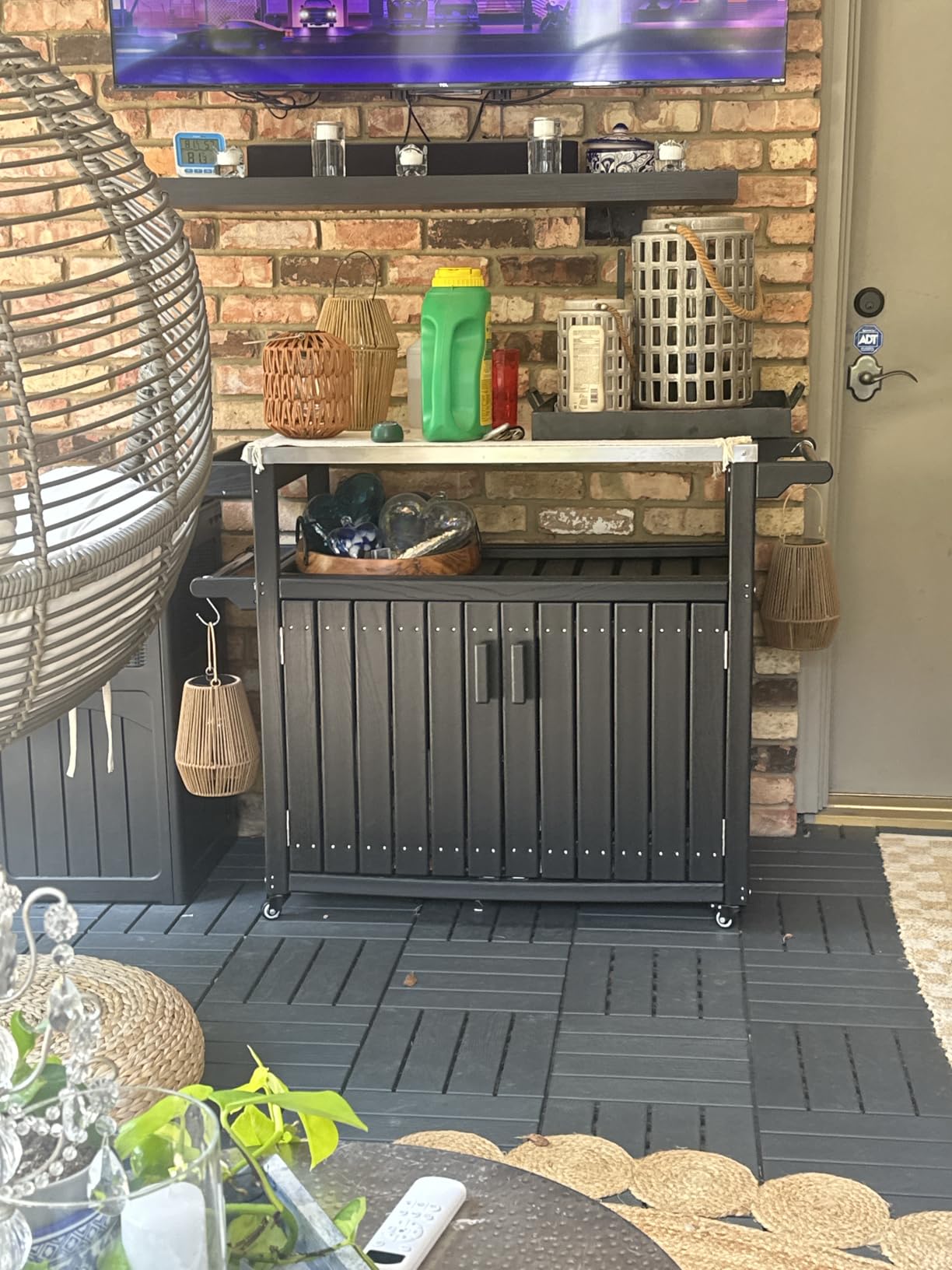 Outsunny Outdoor Bar Cart with Storage Cabinet Kitchen Island Dark Gray | Stainless Steel Top, on Wheels, HDPE Outdoor Bar Table, Movable Patio Beverage Food Prep Table, for BBQ Picnic customer photo 2