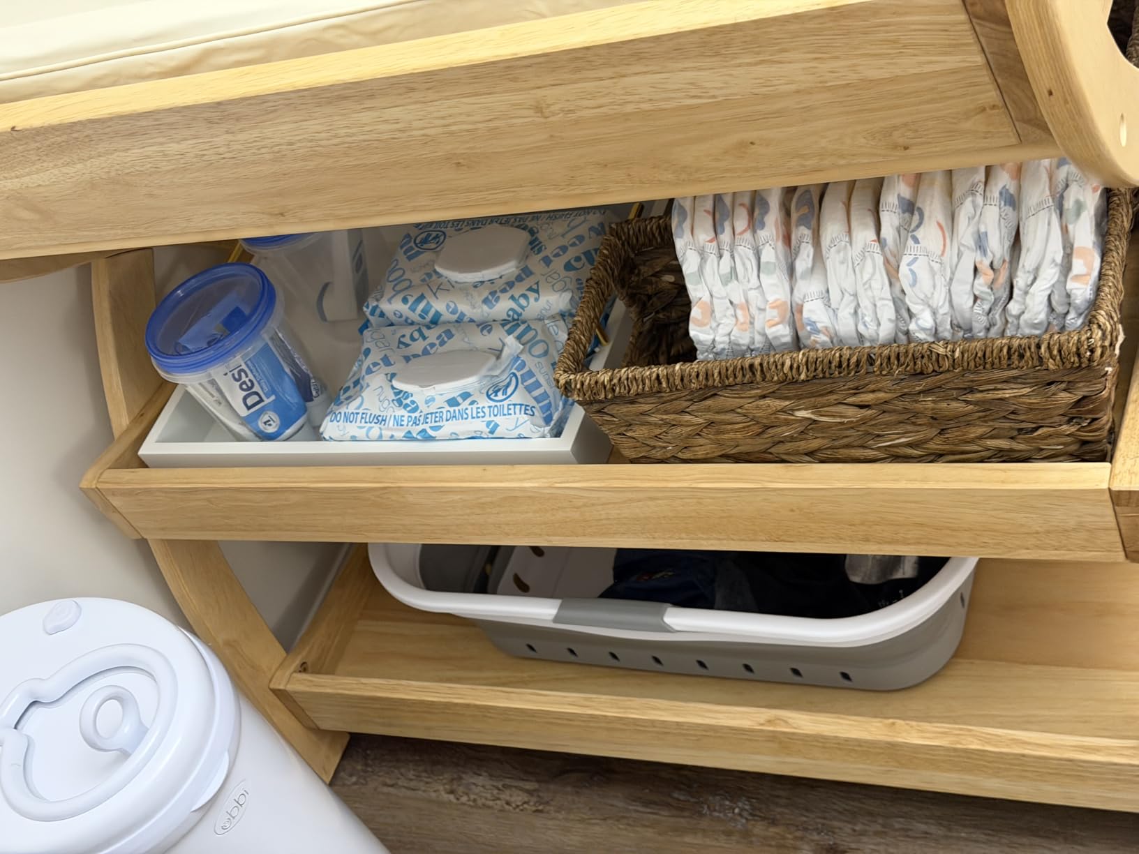 Comfy Cubs Baby Changing Table - Sturdy Wood Construction, Timeless Look Baby Change Table with Two Open Shelves for Infant Daycare Essentials Storage - Natural Wood customer photo 2