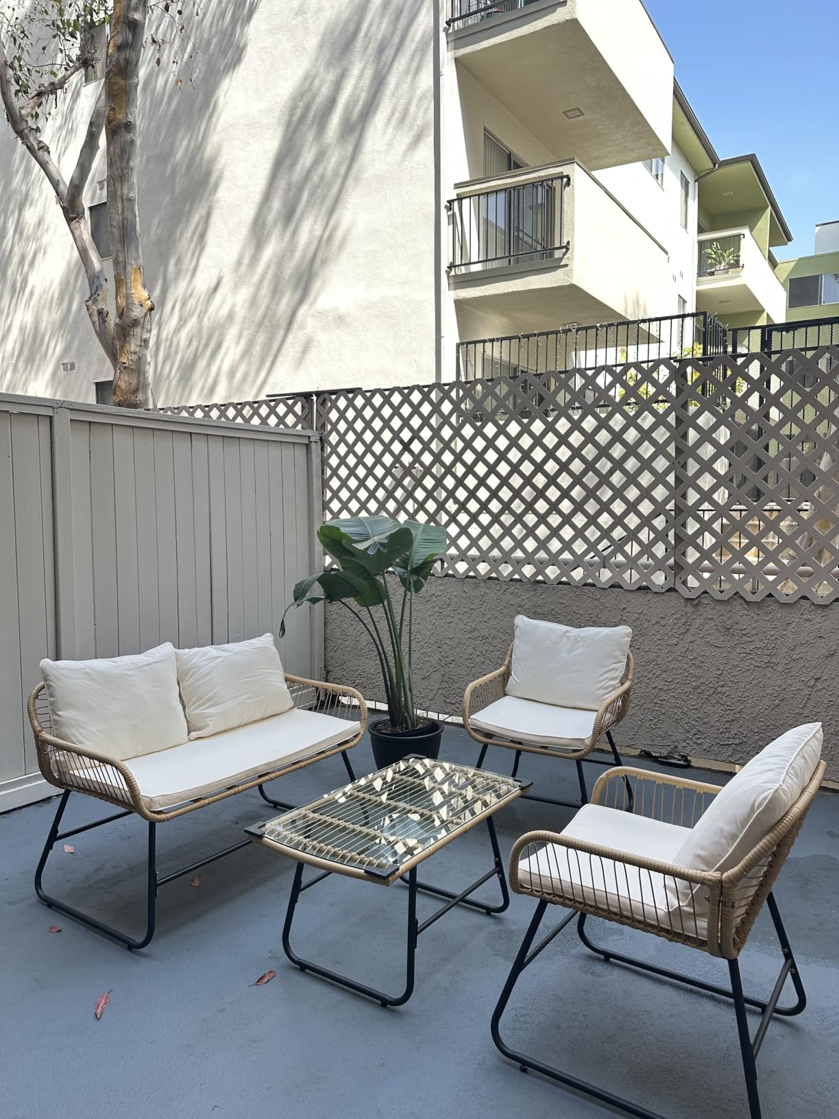 Yaheetech 4 Piece Patio Furniture Set, Outdoor Wicker Conversation Sets, Boho Loveseat & 2 Armchairs with Cushion and Pillow, Glass Top Table for Backyard, Porch, Balcony, Deck customer photo 1