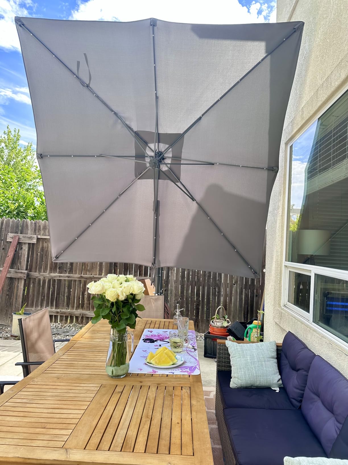 Tangkula 10ft Solar Patio Umbrella with Base Included, Offset Cantilever Outdoor Umbrella with 32 LED Lights, 360 Degree Rotation, Crank Handle for Pool Deck Garden Backyard (Tan) customer photo 2