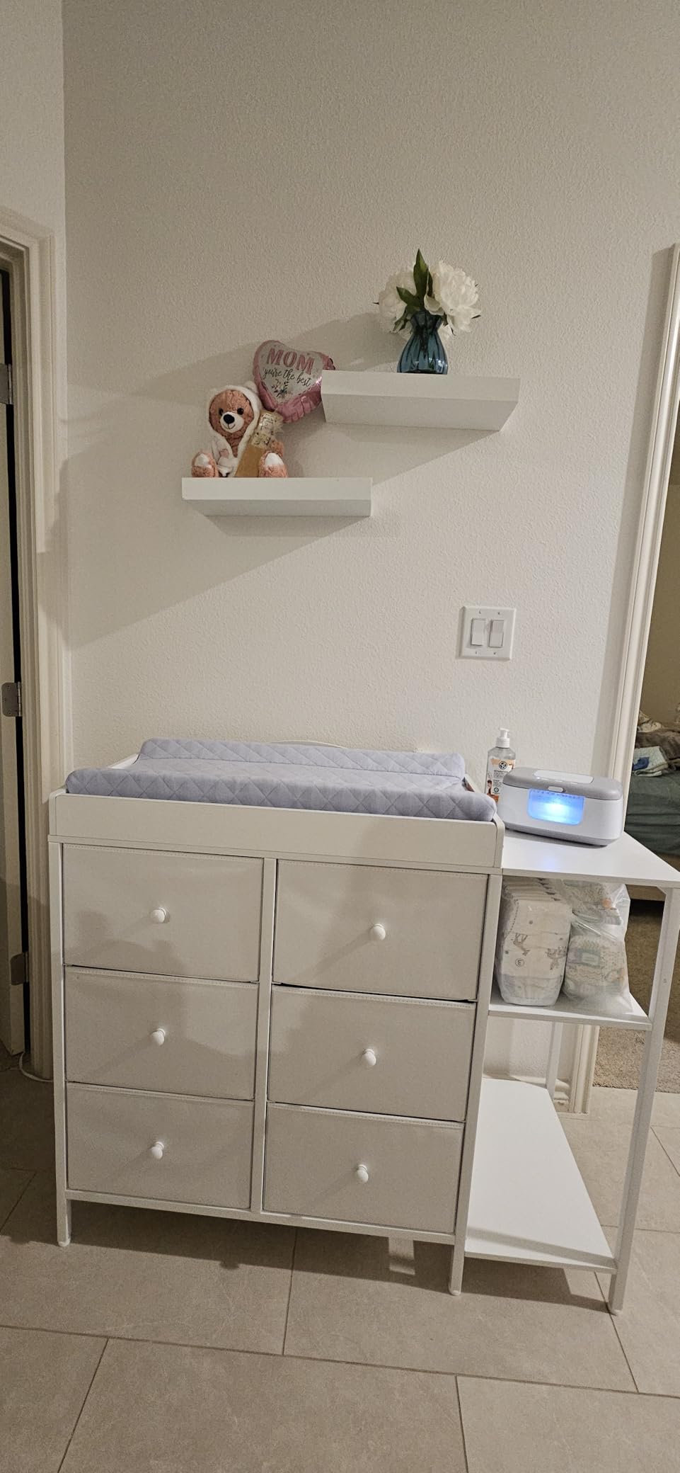 BOLUO Baby Dresser with Changing Table Top, White Changing Table Dresser with 6 Fabric Drawers Diaper Changing Station with Storage Shelf for Nursery Modern customer photo 1