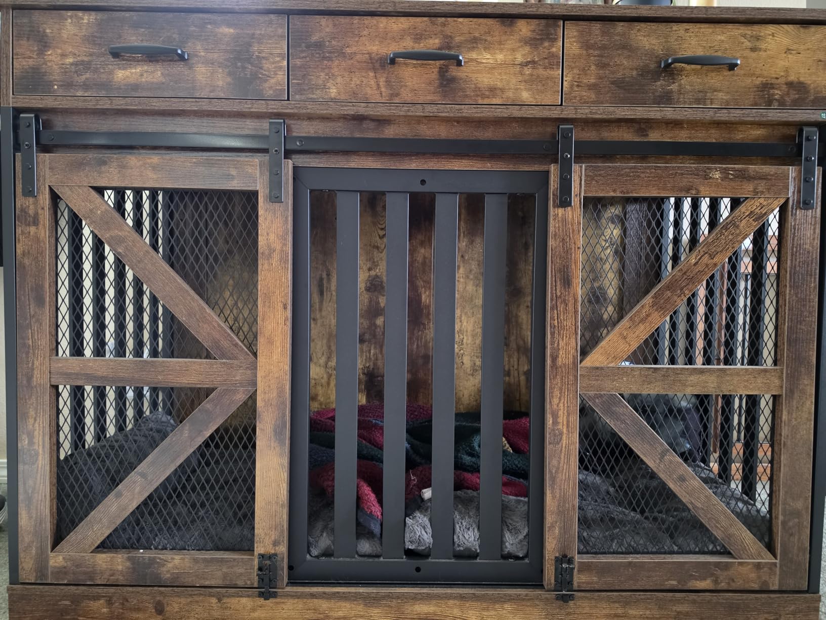 kepptory 48 Inch Large Dog Crate Furniture with 3 Storage Drawers, Wooden Pet Kennel with Removable Divider, Dog Kennel End Table TV Stand, Farmhouse Style Dog Crates with Sliding Barn Door (Brown) customer photo 1