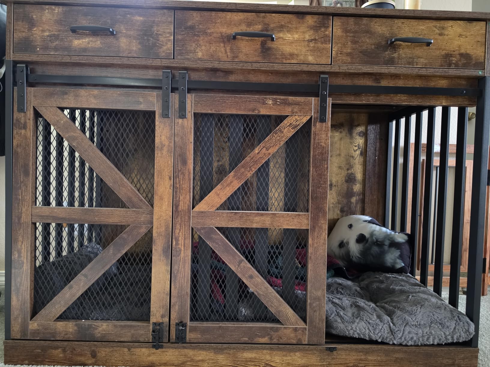 kepptory 48 Inch Large Dog Crate Furniture with 3 Storage Drawers, Wooden Pet Kennel with Removable Divider, Dog Kennel End Table TV Stand, Farmhouse Style Dog Crates with Sliding Barn Door (Brown) customer photo 2