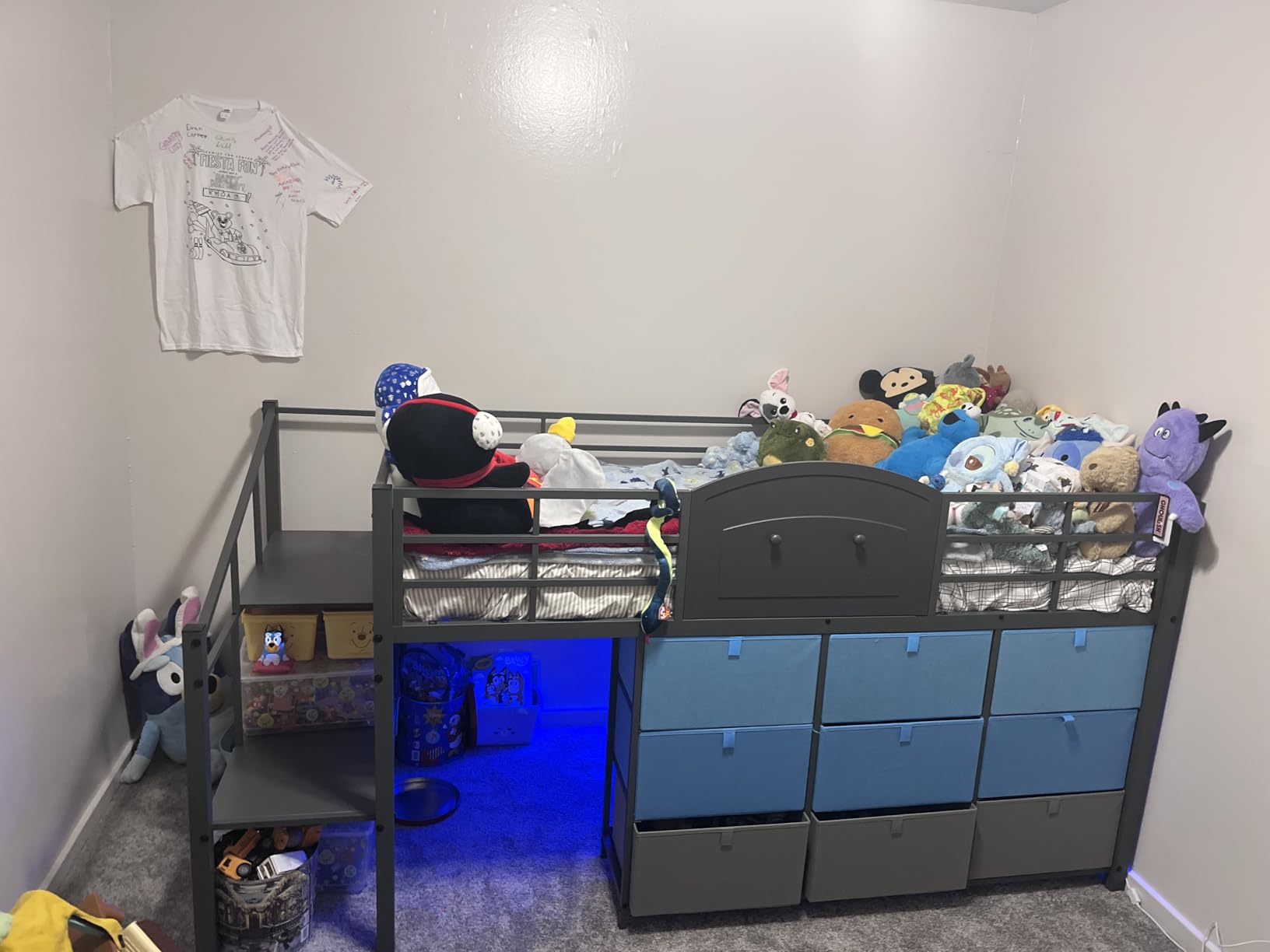 Low Loft Bed Twin Size with 9 Storage Drawers and LED Lights, Metal Twin Loft Bed with Stairway Shelf Storage, Low Loft Bed with Safety Guardrail and Under-Bed Hideaway for Kids, Grey customer photo 2