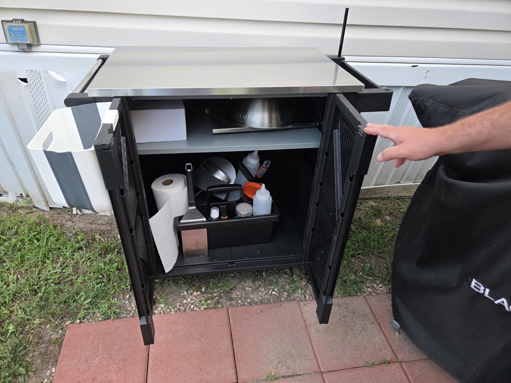 Outdoor Grill Cart with Stainless Steel Top, Outdoor Kitchen Island BBQ Prep Table, 2-Tier Storage Cabinet, Rolling Utility Station with Hanging Trash Bin, Wheels, Side Shelf for Patio, Yard, Picnic customer photo 2