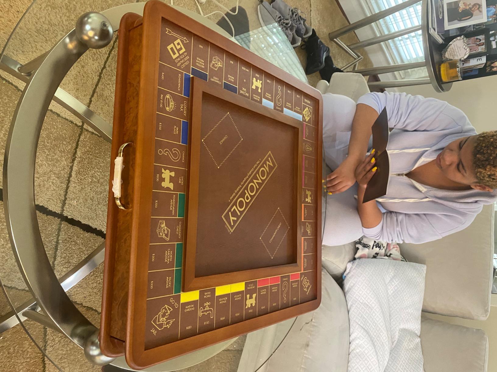 WS Game Company Monopoly Luxury Edition Wooden Board Game Set, 2-6 Players | Luxurious Wood Cabinet, Gold Foil Stamped Game Board, Faux Leather Rolling Area, 2 Storage Drawers, for Collectors and Adults customer photo 2