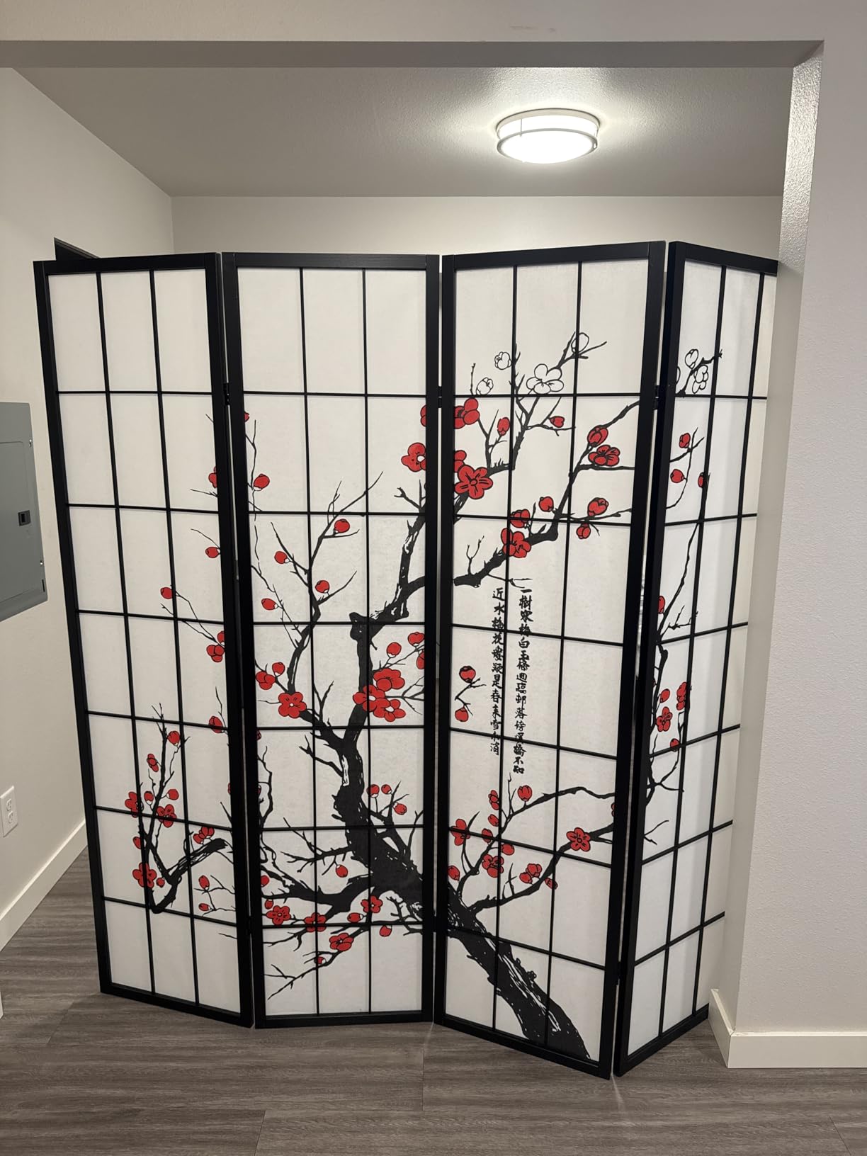 Roundhill Furniture Black Japanese 4-Panel Screen Room Divider, Plum Blossom customer photo 2